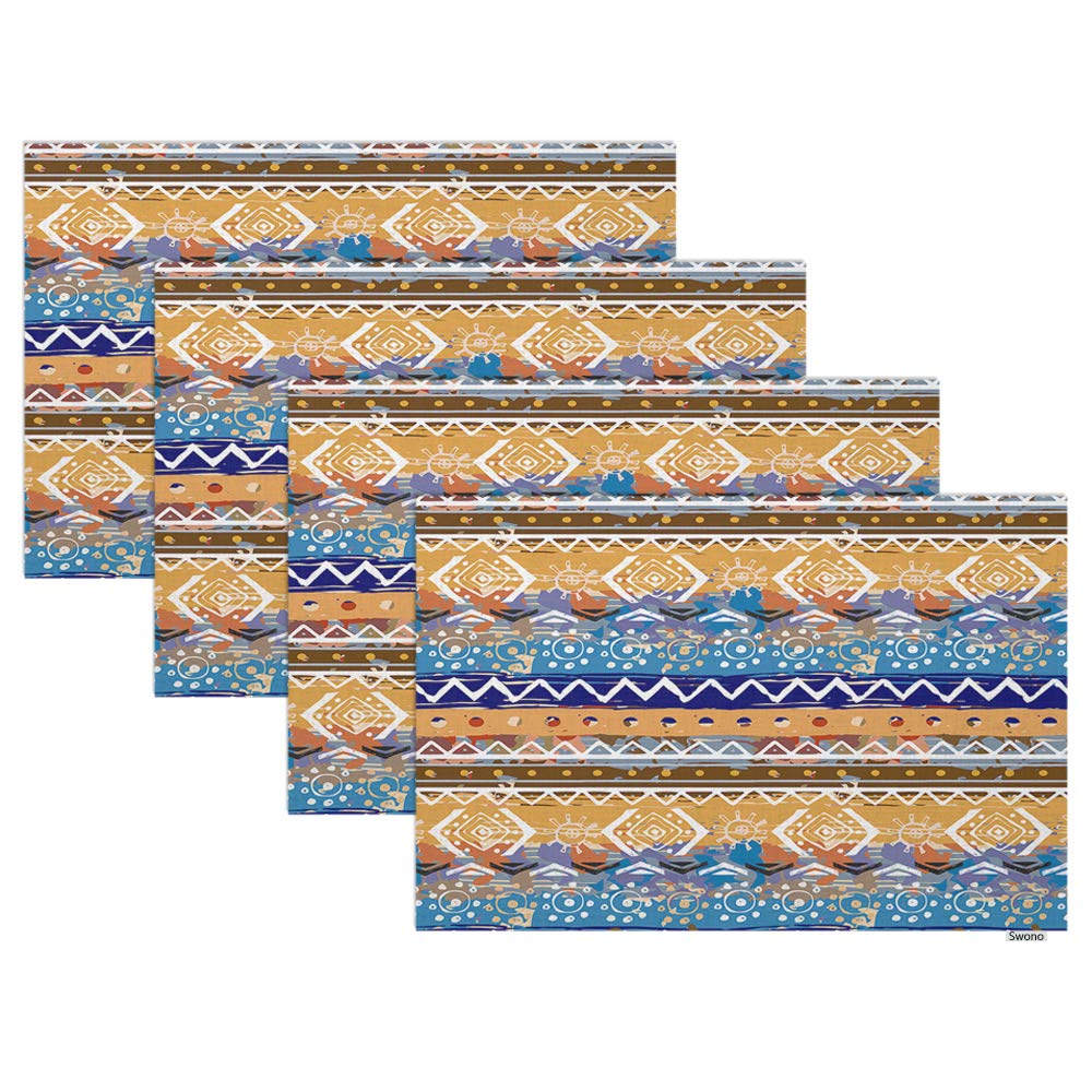 Swono Ethnic Placemat Set of 4 - Abstract Blue Boho Tribal Art Print Table Mats for Dining & Kitchen | 12x18 Inch Waterproof & Oilproof | Perfect for Home Decor, Parties & Everyday Use