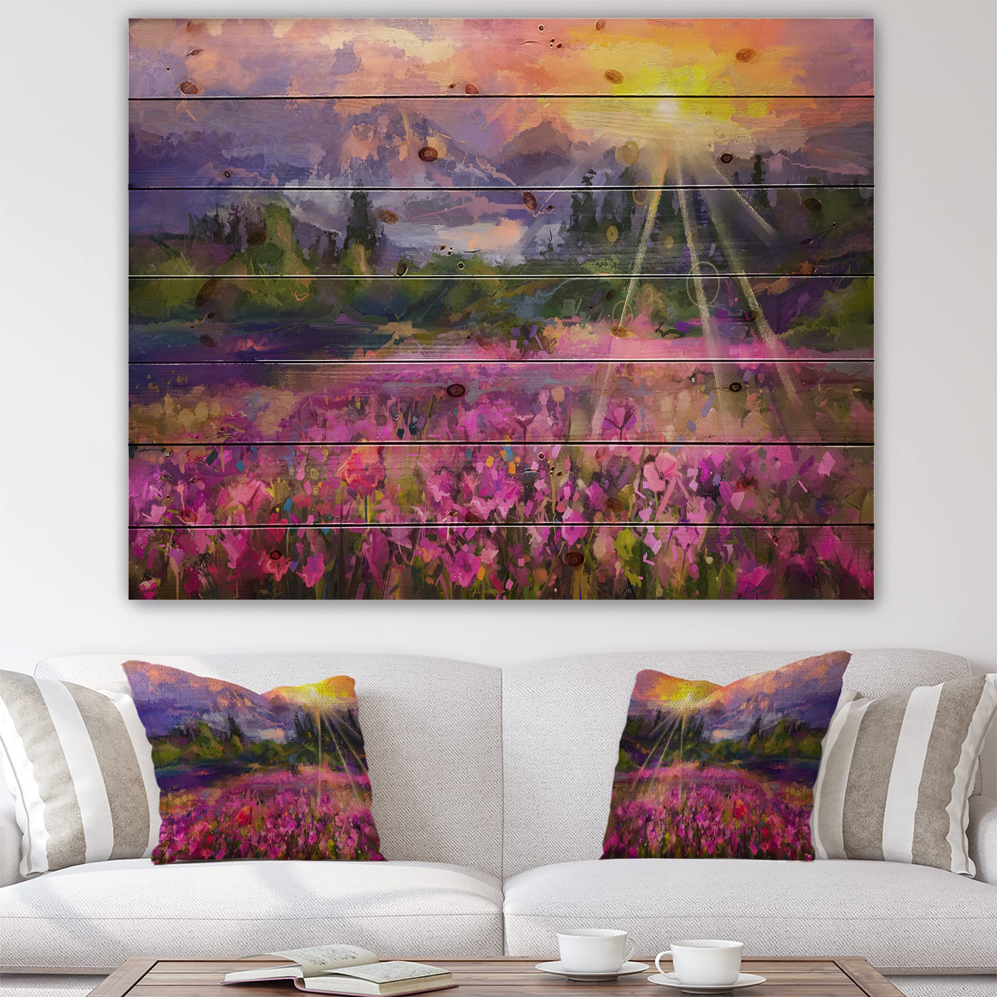 Purple Cosmos Flowers Mountainscape Farmhouse Wood Wall Decor - Large Landscape Pine Wood Art Panel for Living Room, Bedroom & Office