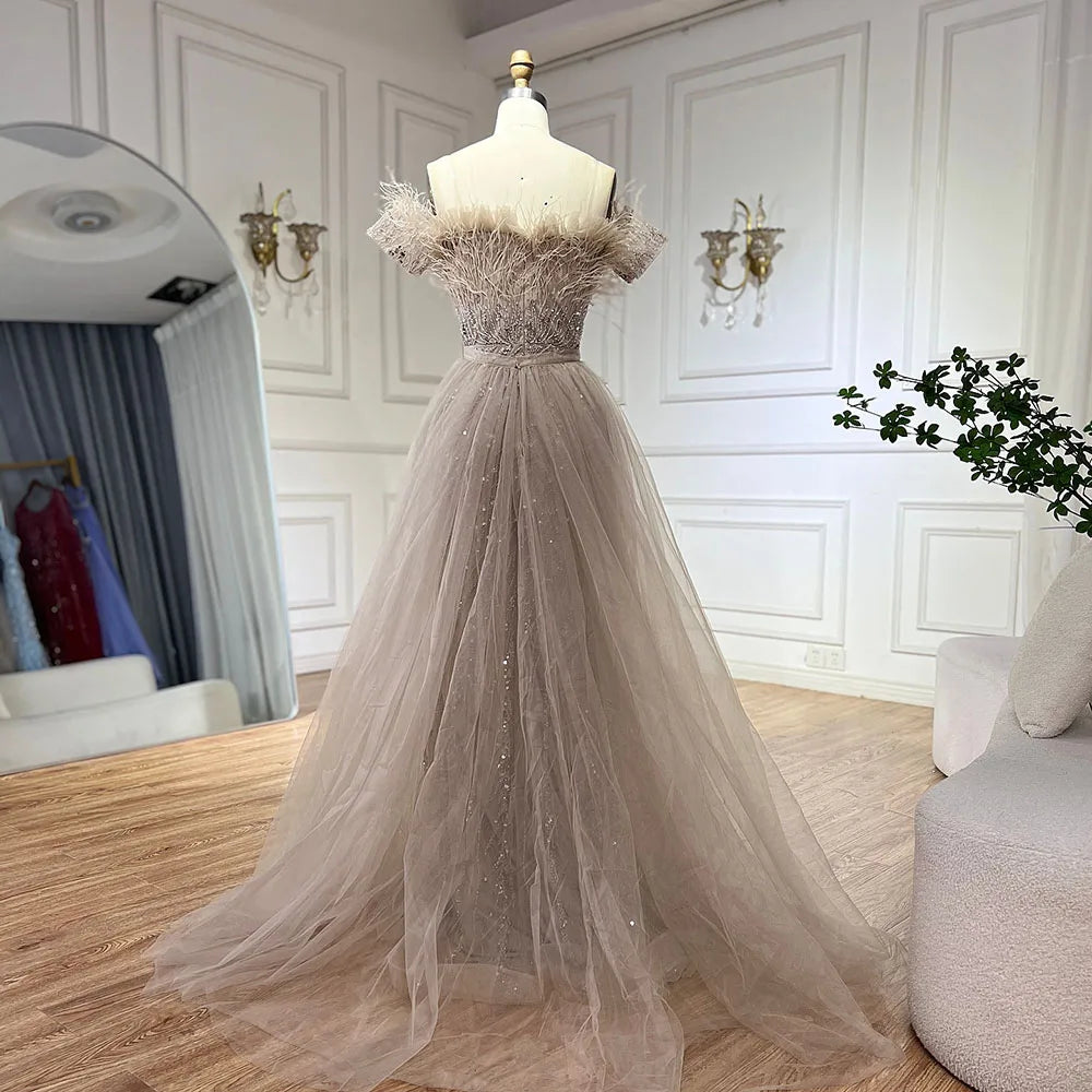 Luxury Dubai Saudi Arabic Beaded Caramel Mermaid Evening Gown with Overskirt - Elegant Formal Dress for Weddings, Galas & Special Occasions LA71634A