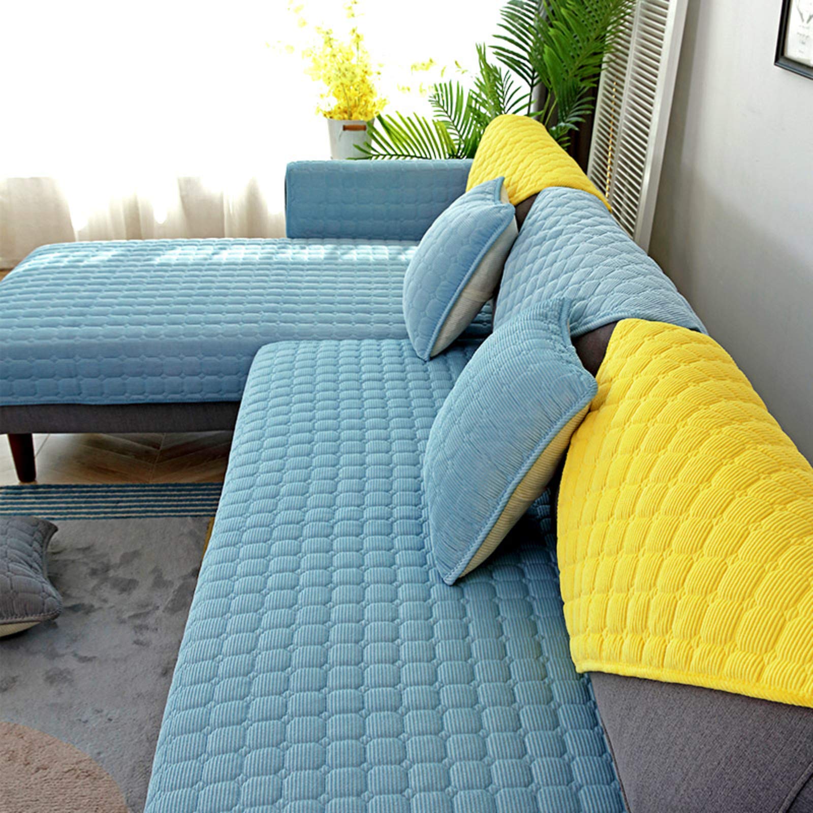 QSCV Velvet Chaise Lounge Cover for Dogs - Non-Slip Pet Sofa Protector, L-Shaped Sectional Couch Cover (90x210cm, Blue) - Perfect for Living Room, Bedroom & Pet-Friendly Furniture Protection