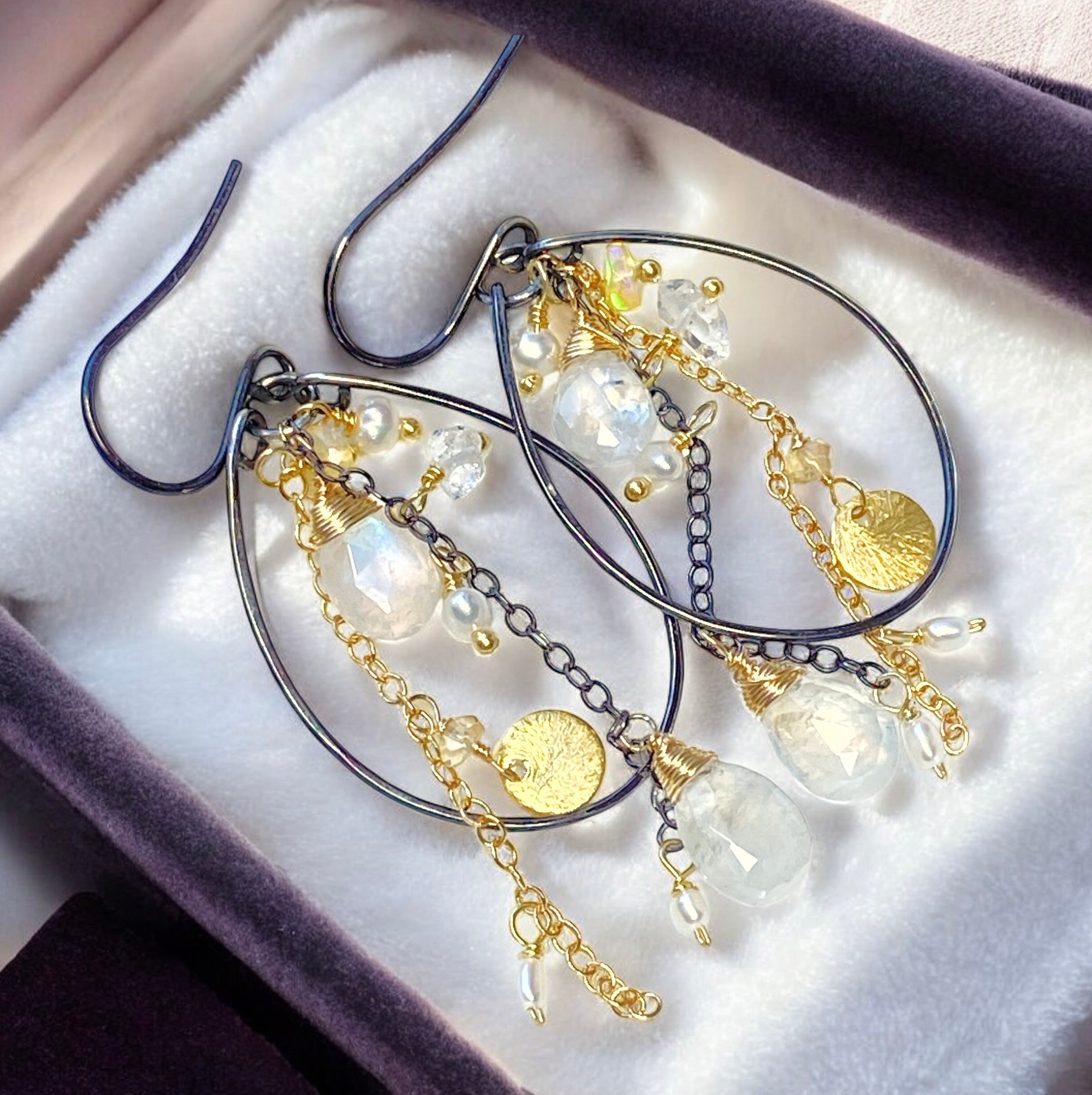 Rainbow Moonstone Opal Pearl Mixed Metal Hoop Earrings - Black & Gold Dangle Earrings for Women, Boho Chic Jewelry for Party, Wedding & Everyday Wear