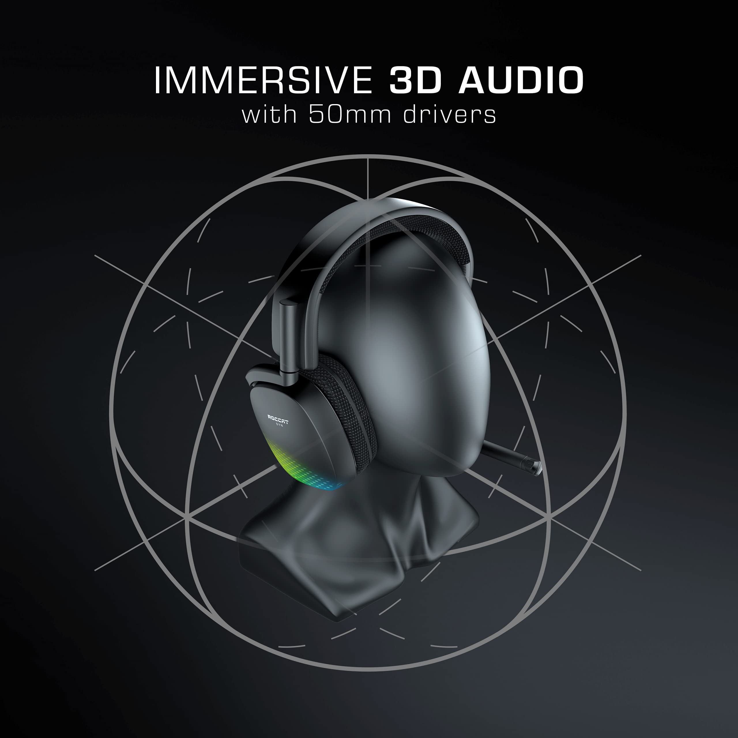 ROCCAT Syn Pro Air Wireless Gaming Headset for PC - Lightweight Design with 3D Surround Sound, Noise-Cancelling Mic, RGB AIMO Lighting & 24-Hour Battery Life - Large Black Computer Headphones for Competitive Gaming, Streaming & Esports