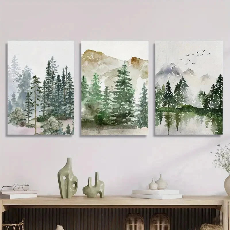 3-Piece Sage Green Forest Mountain Landscape Metal Print Wall Art - Ready to Hang - Perfect for Living Room, Bedroom & Office Decor