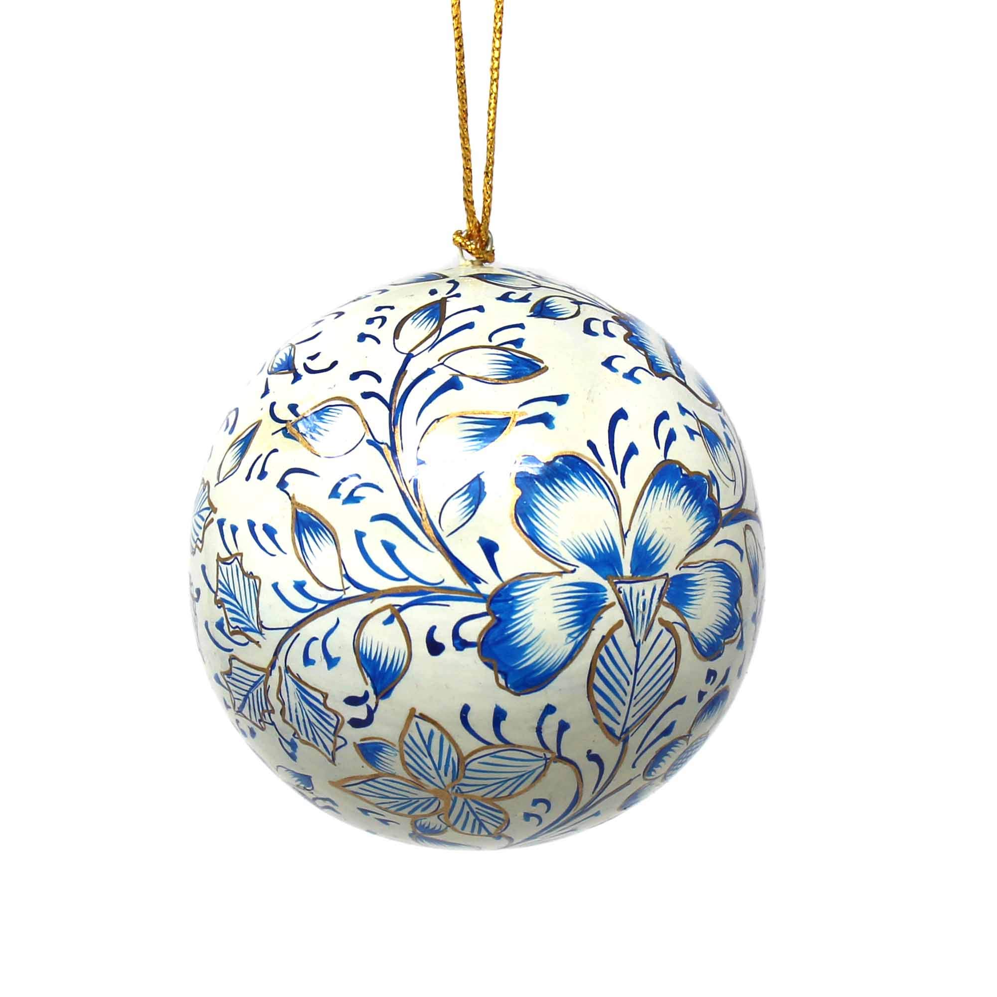 Handmade Recycled Paper Mache Christmas Ornaments - Blue Floral Design - Eco-Friendly Holiday Decor - Set of 3 - Perfect for Tree Decorating, Gift Giving & Festive Home Decor