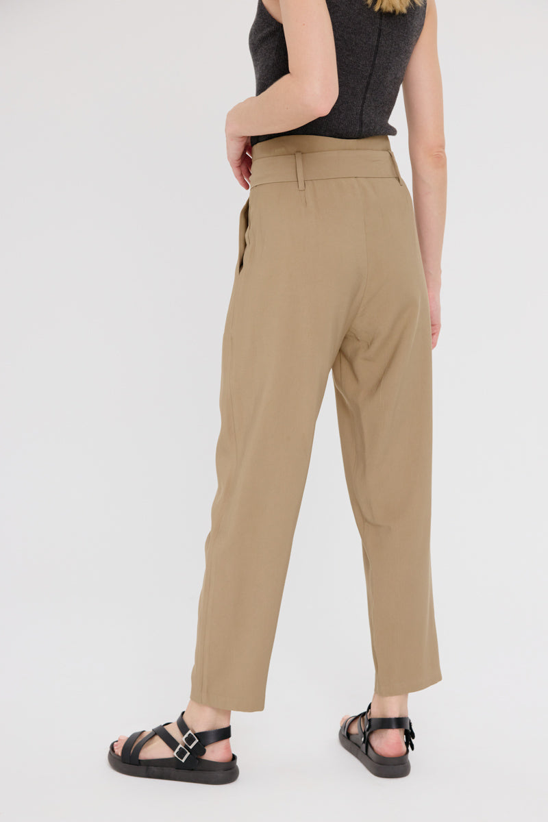 Greta Paper Bag Pants for Women - High Waisted Olive Green Wide Leg Trousers | Casual Office Wear & Summer Outfits