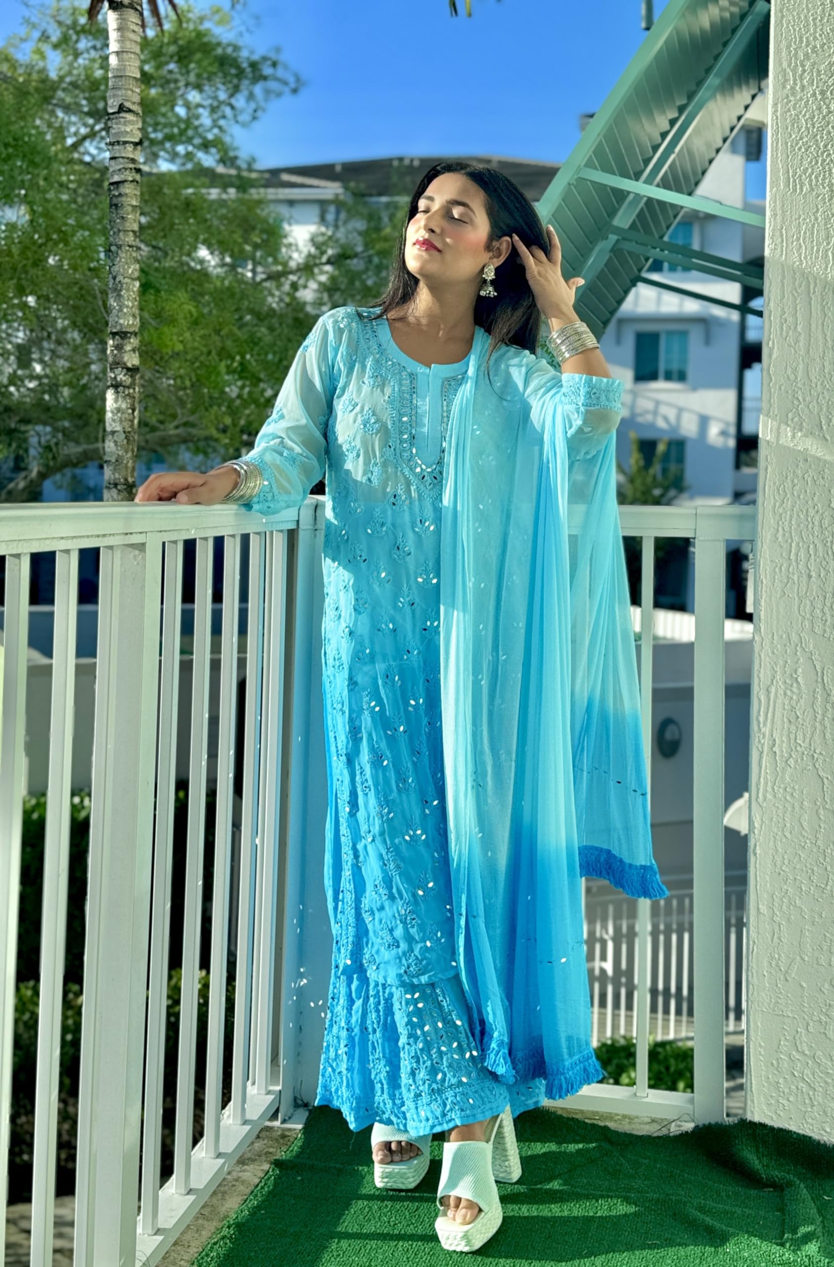 Inayakhan Aqua Blue Chikankari Elegance Ombré Mirror Booti Jaal Set - Traditional Indian Embroidered Kurti for Women, Perfect for Festivals, Weddings & Special Occasions