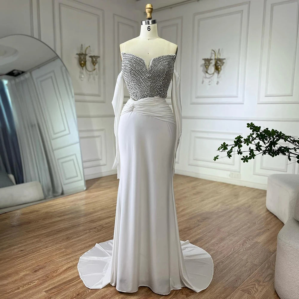 Elegant White Arabic Evening Gown with Crystal Beading - Luxury Dubai Formal Dress with Gloves for Weddings, Galas & Special Occasions LA72758