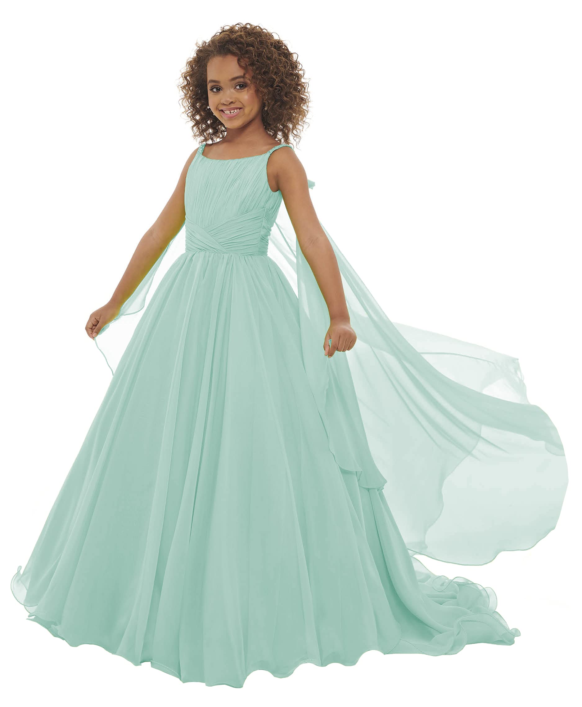 Elegant V-Neck Chiffon Pageant Dress for Girls - Princess Birthday Party Gown with Flowy Cape - Formal Ball Dress in Aqua Blue (Size 12) | Perfect for Pageants, Quinceañeras, Prom & Special Occasions