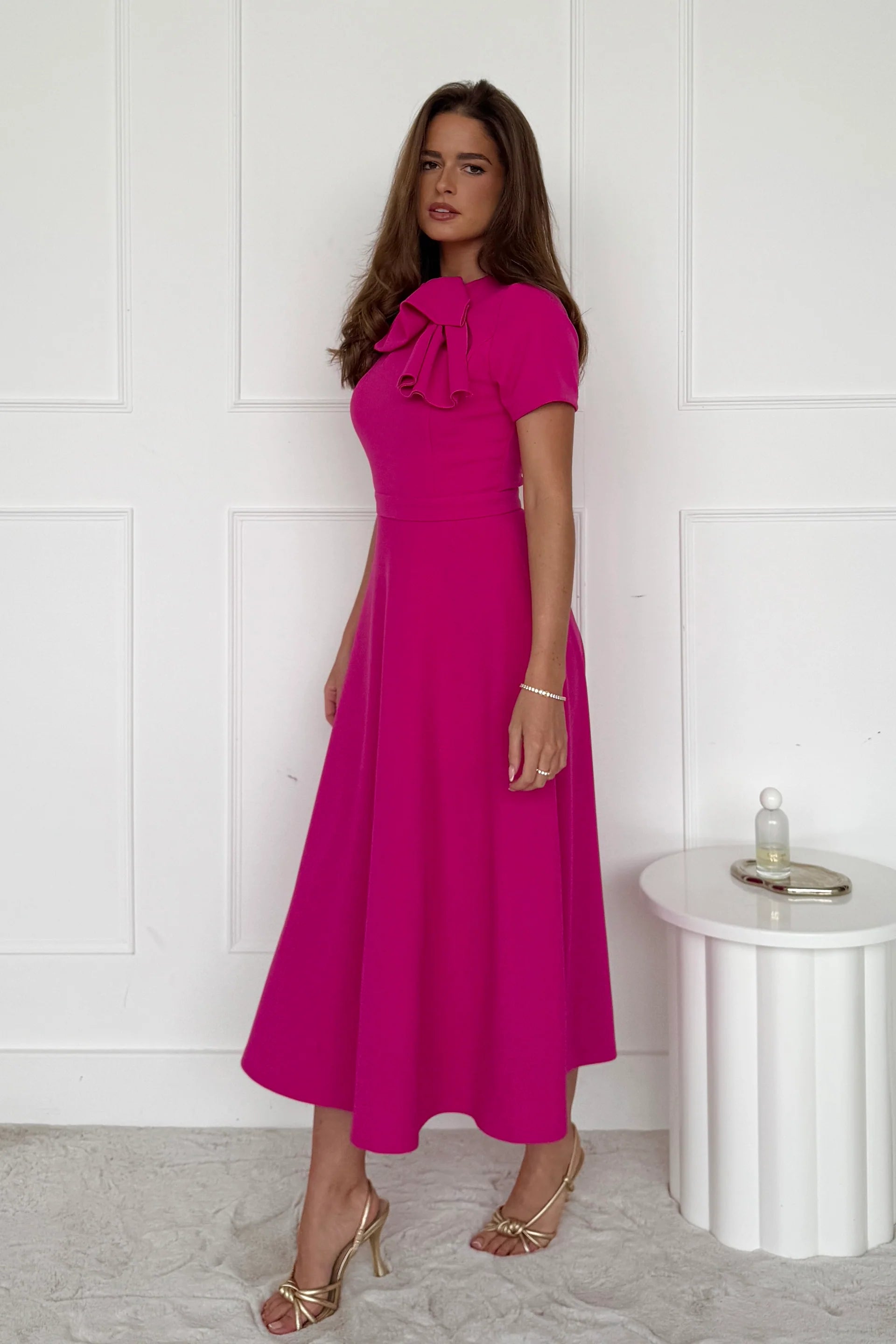 Minta Bow Detail Midi Dress for Women - Elegant Pink Flowy Summer Dress for Parties, Weddings & Date Nights