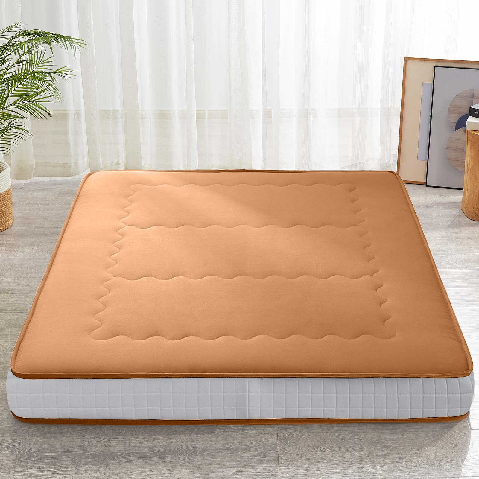 MAXYOYO 6-Inch Extra Thick Floor Futon Mattress - Wave Quilted Design, Light Brown - Perfect for Guest Beds, Dorm Rooms, and Small Space Living