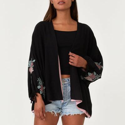 Black and Rose Embroidered Kimono Top for Women - Elegant Floral Japanese Style Cover Up - Perfect for Beach, Festival, and Boho Chic Outfits