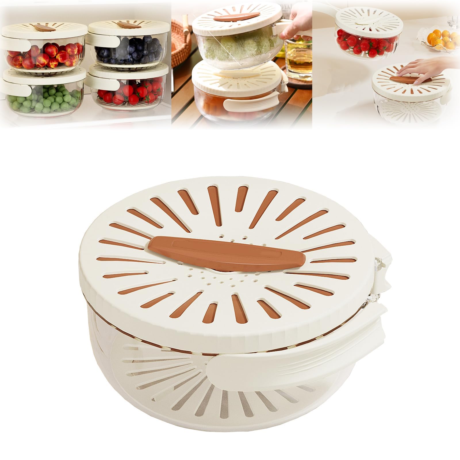 Multifunctional Fruit and Vegetable Washing Bowl with Lid and Strainer - 3-in-1 Drainer, Washer & Spinner for Fresh Produce (Brown, 1PC) - Perfect for Kitchen, Camping & Healthy Meal Prep