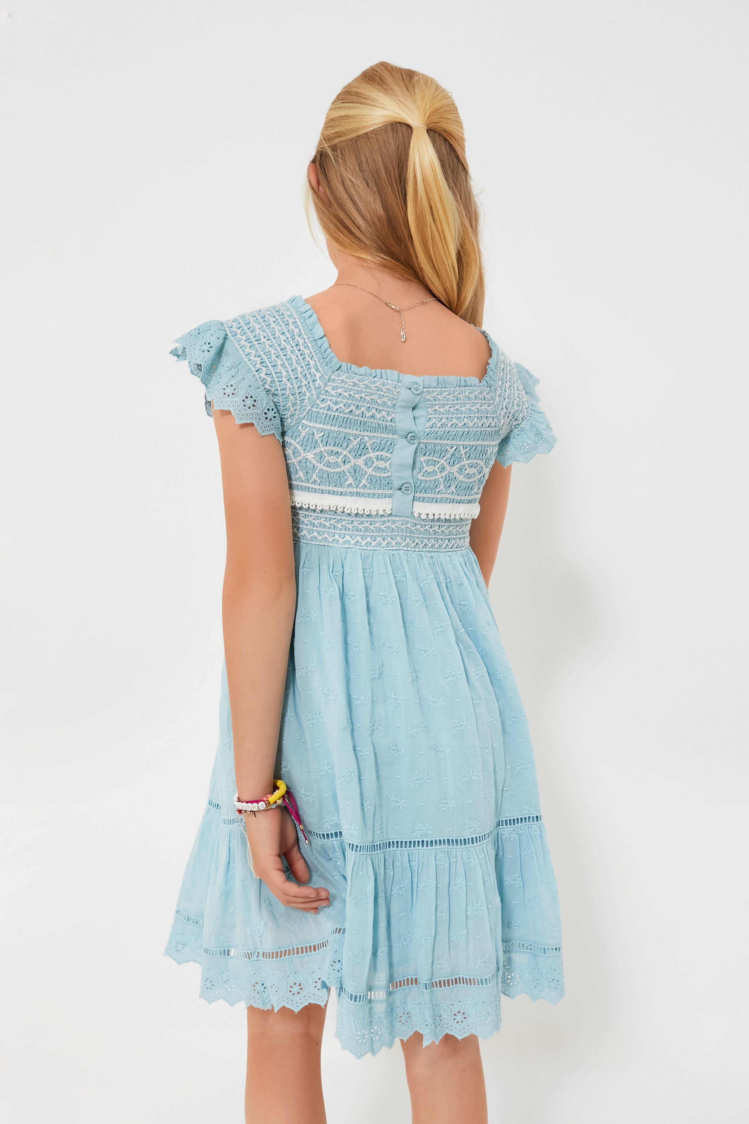 Blue Olga Hand Smocking Short Sleeve Smocked Dress for Women - Elegant Summer Casual Dress for Beach, Party & Vacation Wear
