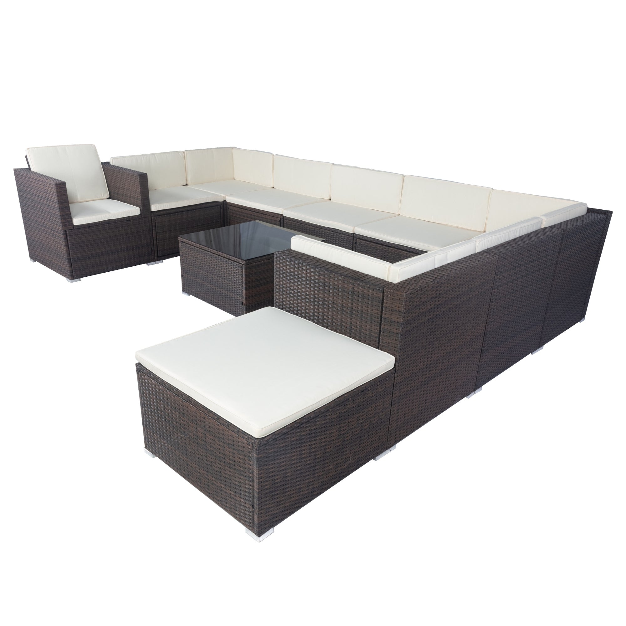 11-Piece Brown Wicker Patio Conversation Set with White Cushions - 10-Seater Outdoor Sectional Sofa with 3 Under-Seat Storage Boxes - Perfect for Backyard, Garden, Poolside & Patio Relaxation
