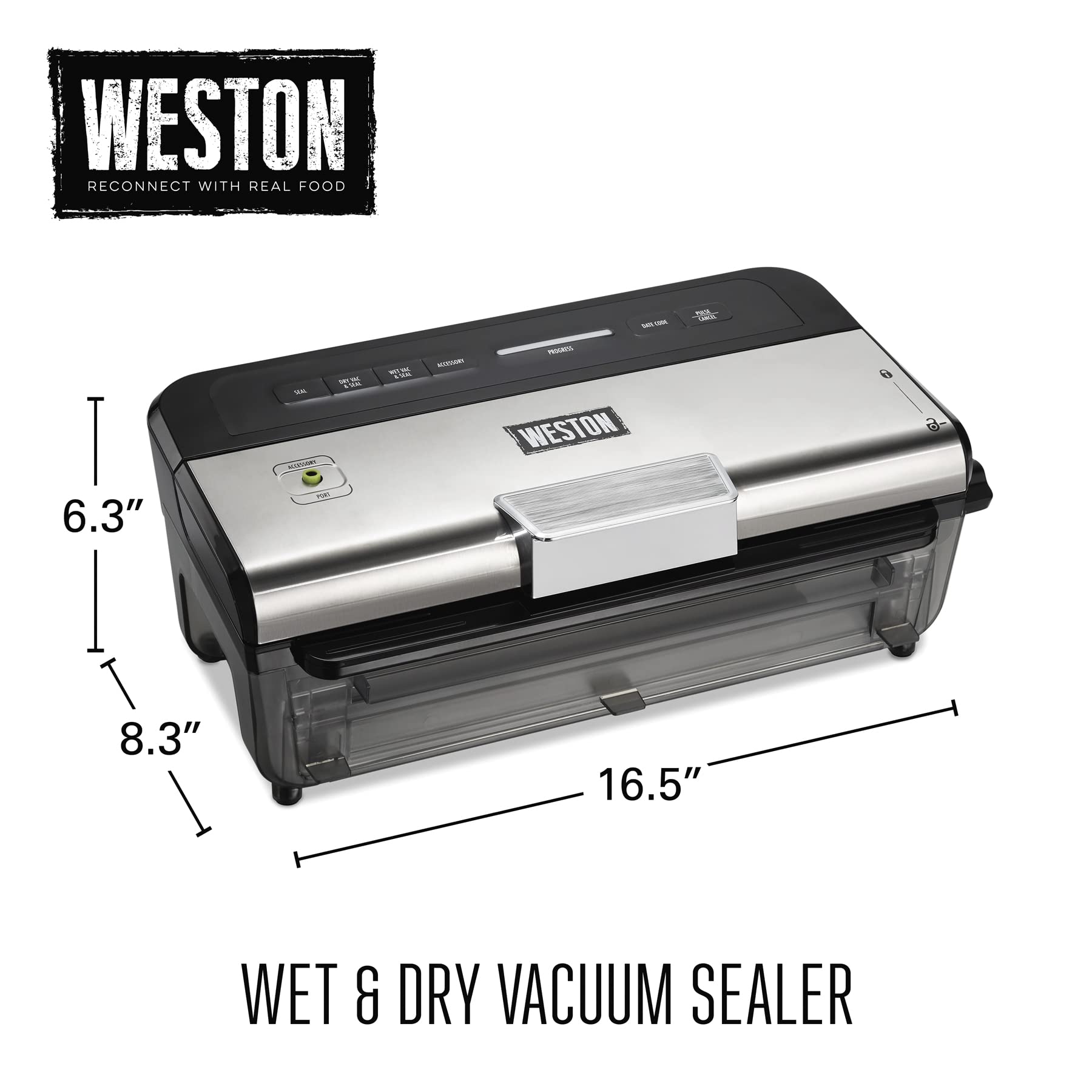 Weston Brands Wet & Dry Vacuum Sealer Machine - Fast & Consistent Liquid Food Sealing with Date Code Stamp | Built-In Cutter & Pulse Button | Includes 2 Rolls & 6 Easy-Fill Bags (Black, 65-1601-W) | Perfect for Meal Prep, Sous Vide & Food Preservation