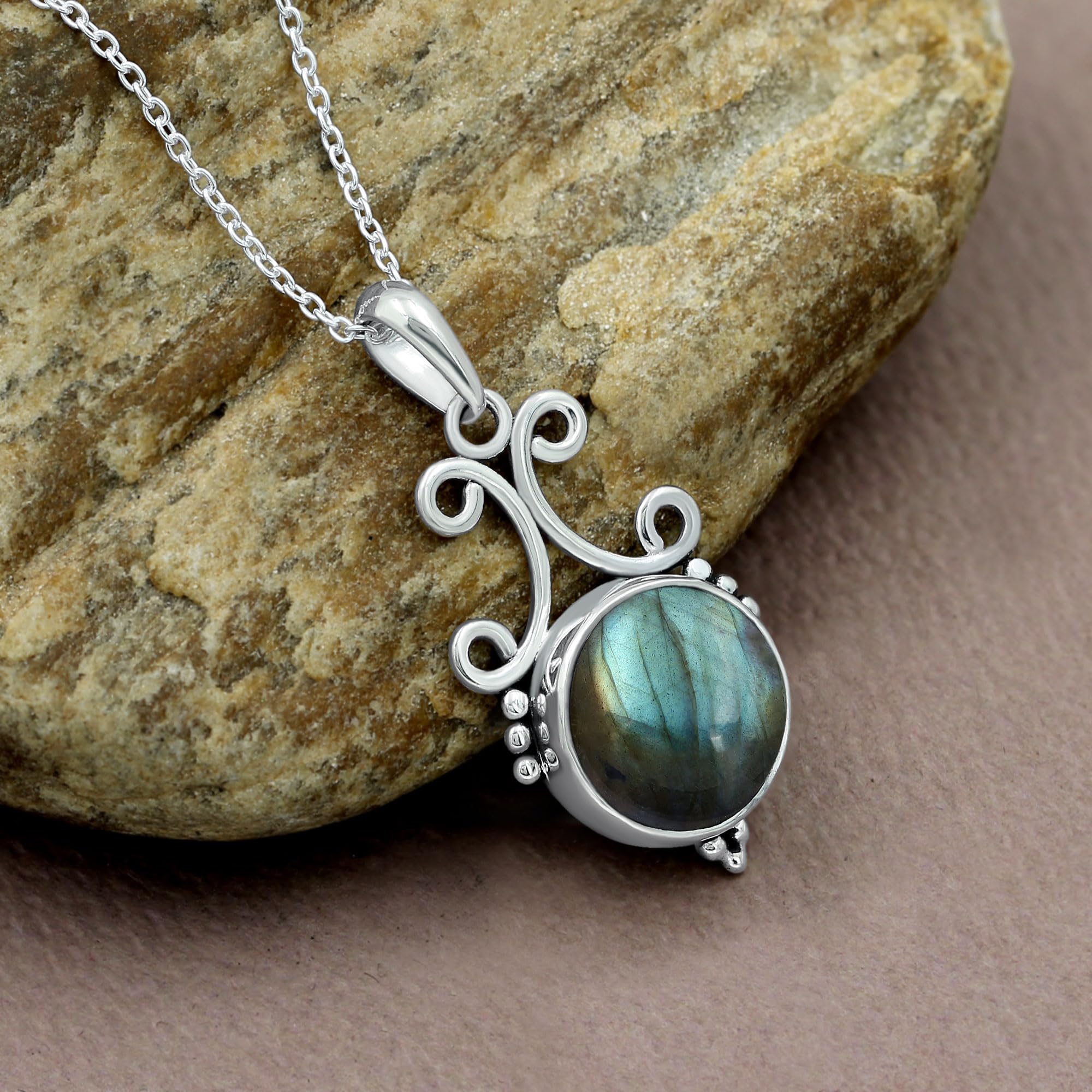 TISHAVI Natural Round Semi-Precious Gemstone Pendant Necklace for Women - 18 Inch Sterling Silver Chain, Birthstone Jewelry | Perfect Gift for Mom, Wife, Sister | Ideal for Birthdays, Anniversaries & Women's Day Celebrations