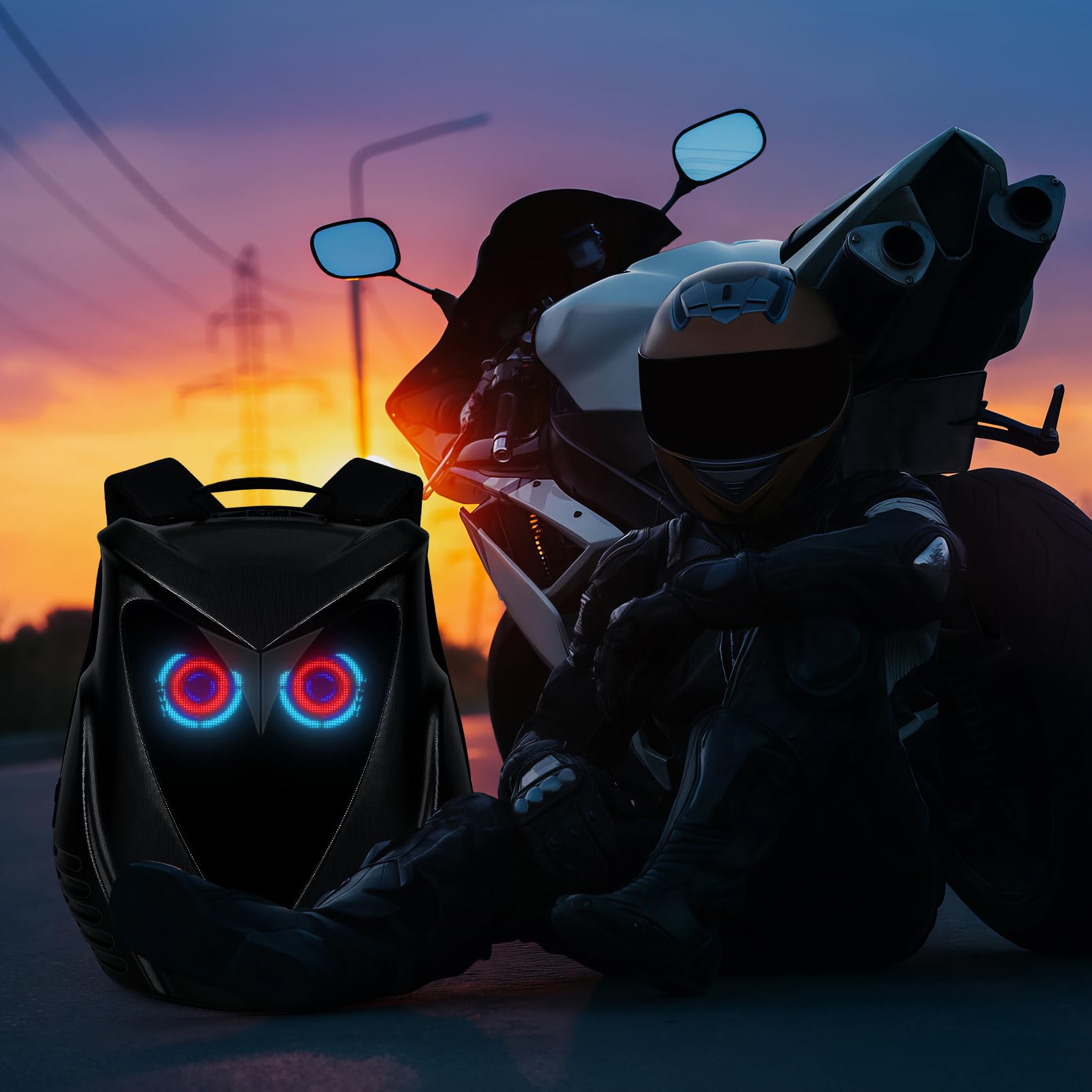 Programmable LED Backpack with App Control - Customizable Owl Eyes Design, USB Charging Port - Perfect for Laptop, Travel & Motorcycle Use - Great Gift for Men & Tech Enthusiasts
