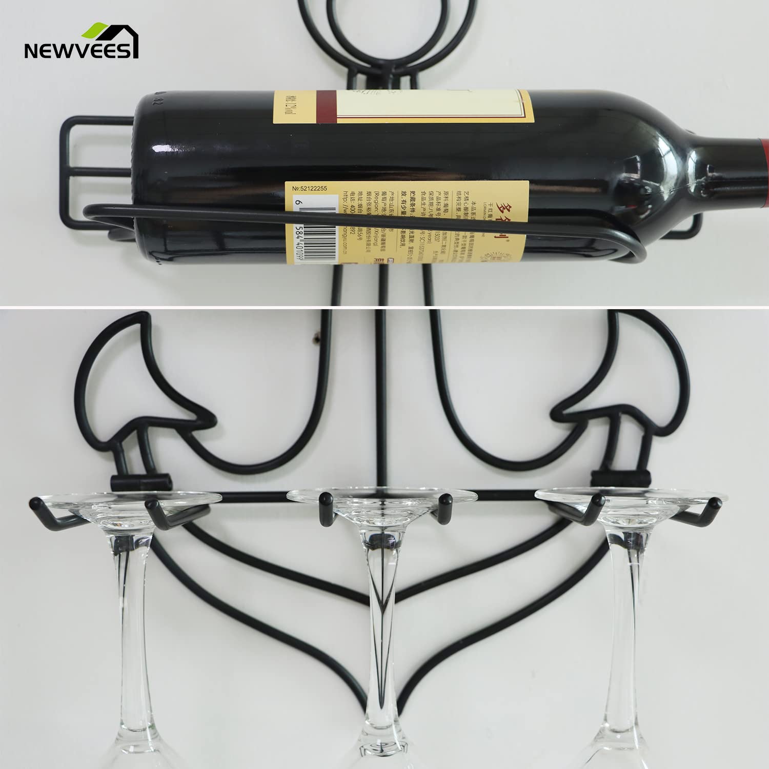 NewVees Black Anchor Wall Mounted Wine Rack with Stemware Holder - Holds 1 Wine Bottle & 3 Glasses - Space Saving Metal Wire Wine Storage for Kitchen, Bar, Dining Room & Home Decor