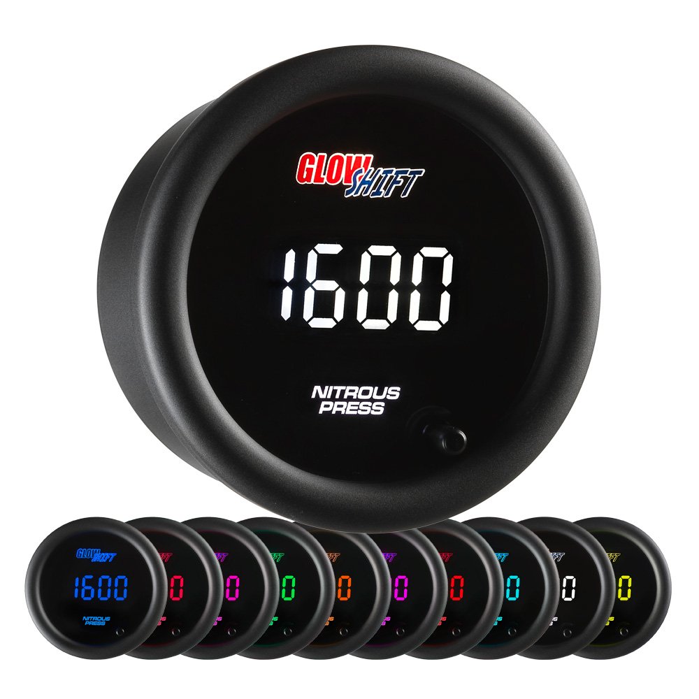 GlowShift 10 Color Digital 1,600 PSI Nitrous Pressure NOS Gauge Kit with Electronic Sensor - Multi-Color LED Display & Tinted Lens - 2-1/16