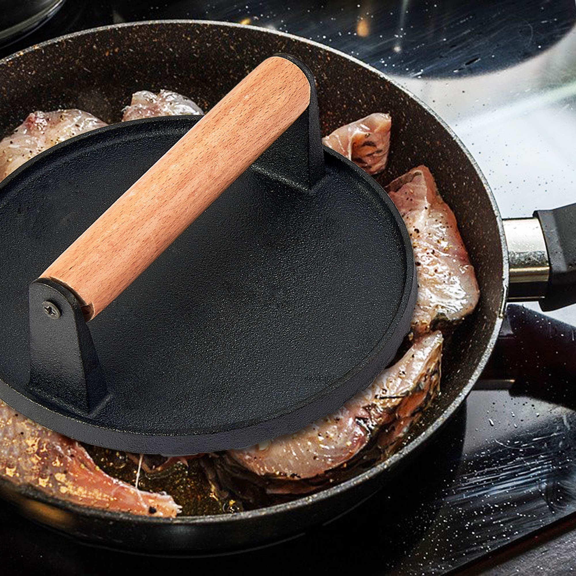 Leonyo 3-Piece Grill Press Set - 7 Inch Round Heavy Duty Cast Iron Burger Press with Ergonomic Wood Handle - Perfect for Smash Burgers, Griddle Cooking, Hamburgers, Steaks, Patties & Panini - Ideal for BBQ, Stovetop & Outdoor Grilling - Nonstick & Durable for Professional & Home Use