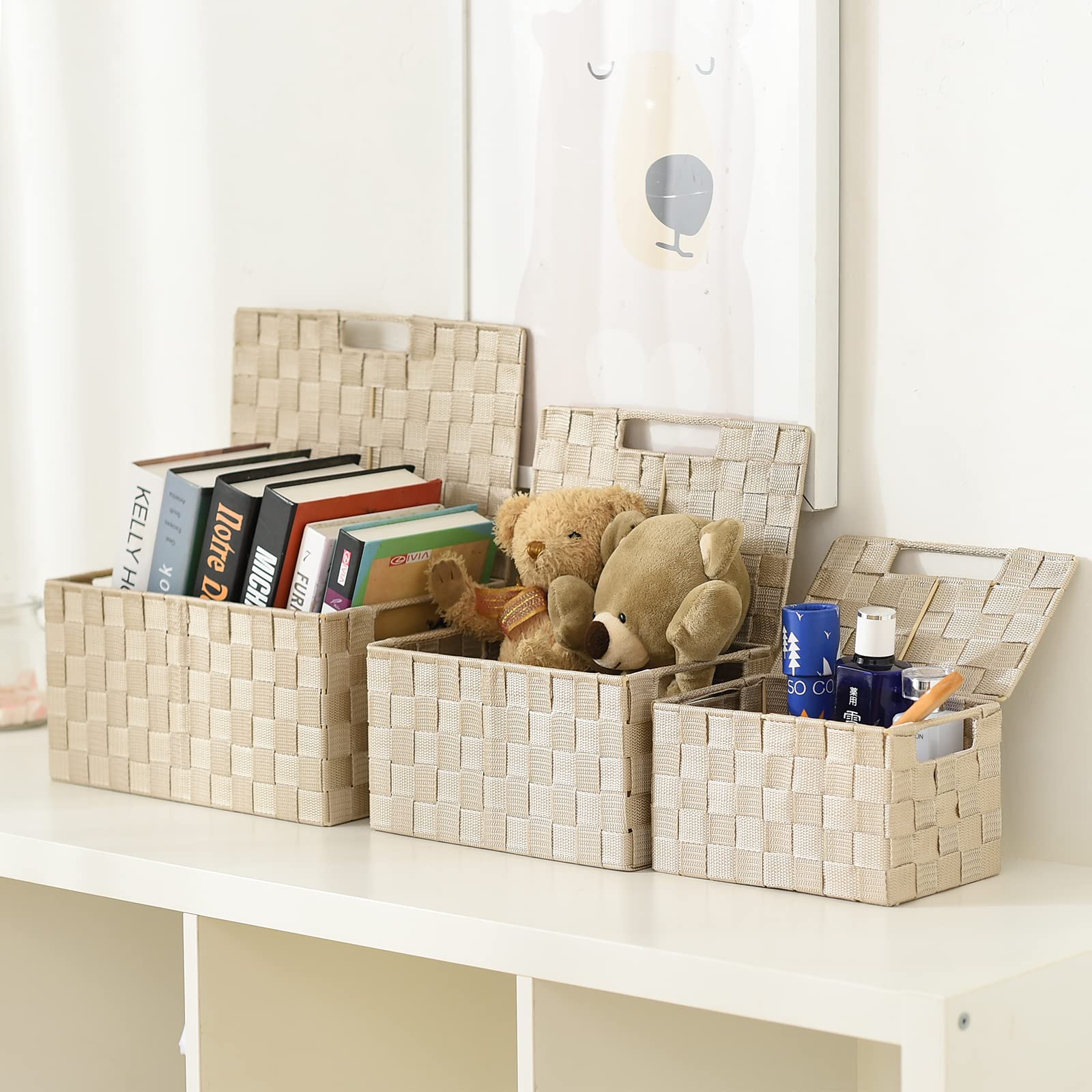 3-Pack Woven Storage Bins with Lids - Decorative Wicker Baskets for Closet, Office & Home Organization | Beige Storage Boxes for Clothes, Toys & Household Items