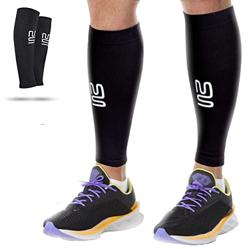Modetro Sports Calf Compression Sleeve for Men & Women - Support Brace for Running, Workouts, Shin Splints & Travel - Breathable Leg Sleeves (Small, 2-Pack, Stripes/Black) - Ideal for Marathon Training, Gym Workouts & Long Flights