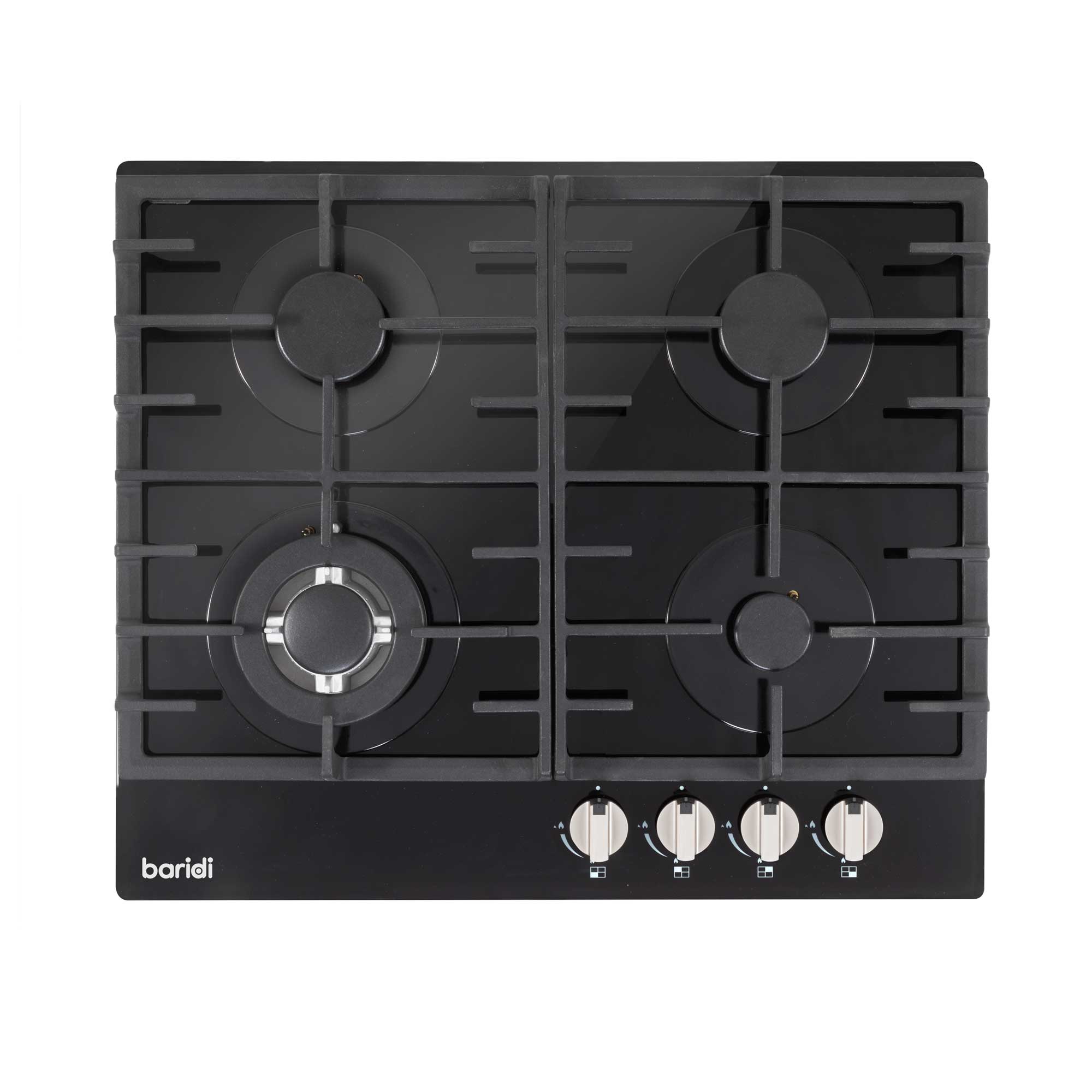 Baridi 60cm Built-In Gas on Glass Hob - 4 Burner Black Glass Cooktop with Cast Iron Pan Supports | Perfect for Modern Kitchens & Home Cooking