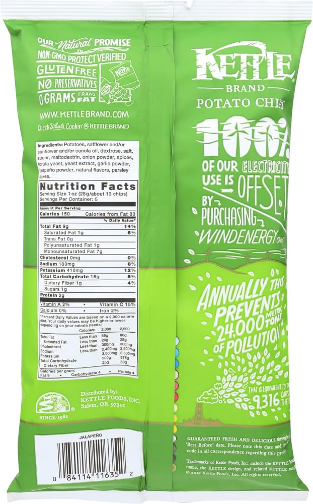 Kettle Foods Jalapeno Flavored Potato Chips - 5 oz Bag of Crunchy Kettle Cooked Chips - Perfect for Snacking, Parties & Game Day