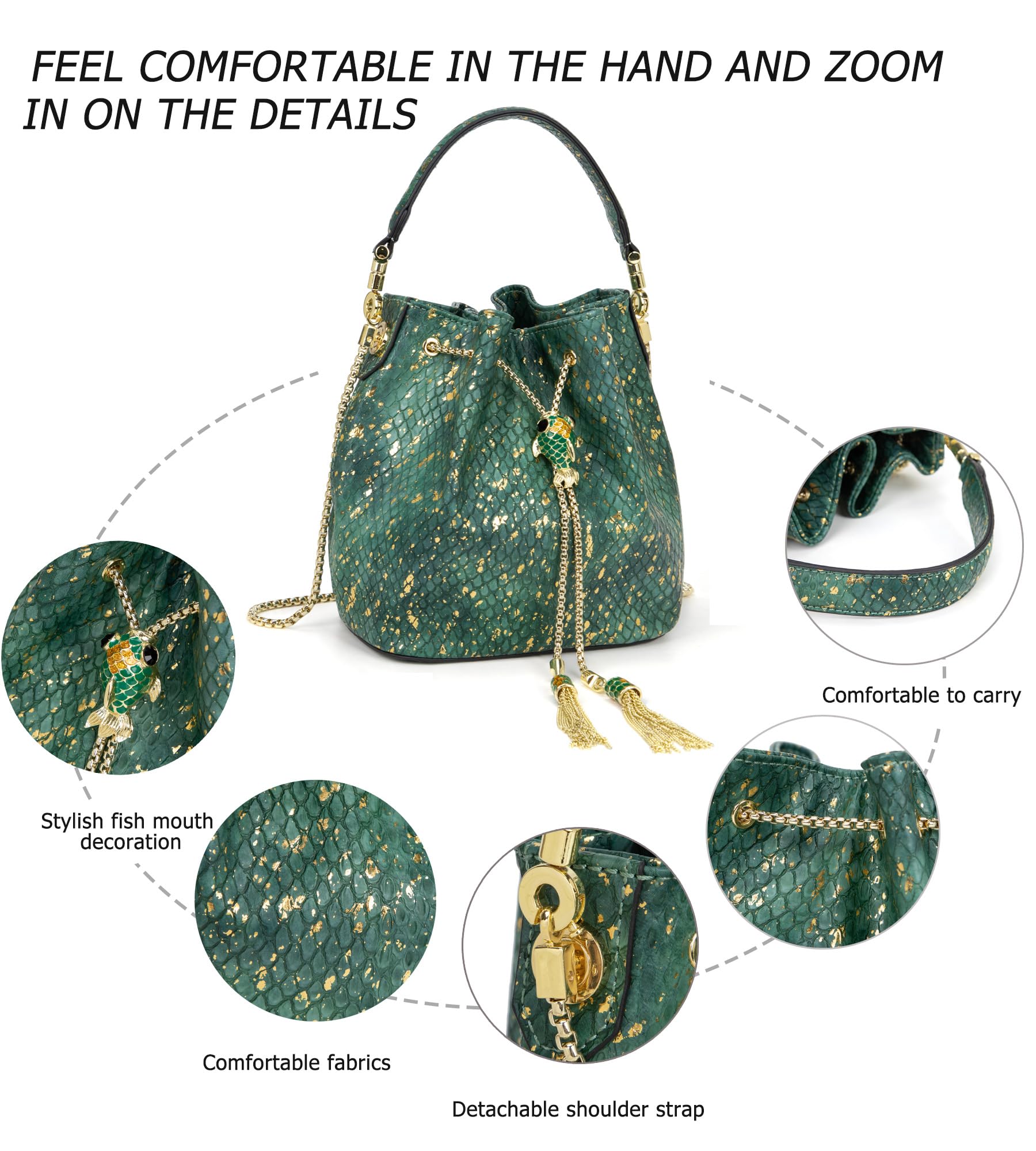 Luxury Leather Crossbody Bucket Bag for Women - Drawstring Shoulder Bag with Detachable Chain Strap | Perfect for Evening Out, Shopping & Travel Accessories
