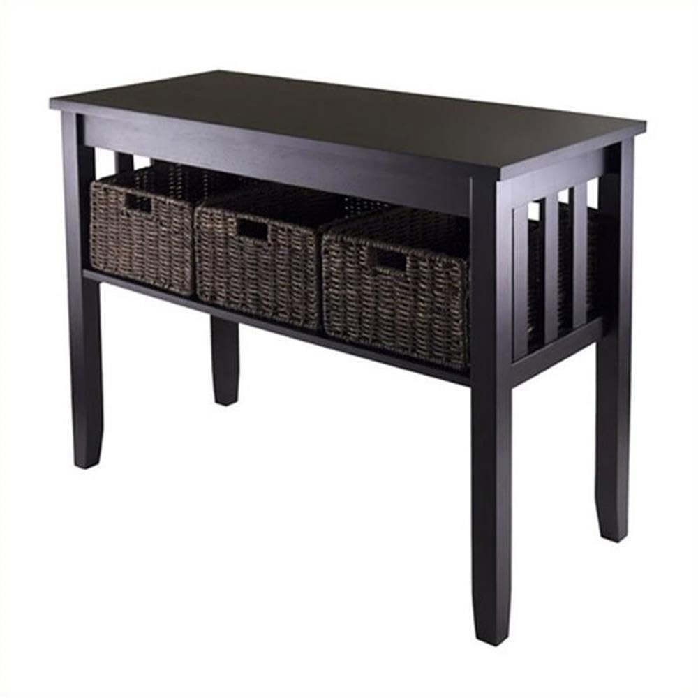 Pemberly Row Solid Wood Console Table - Espresso Finish with 3 Foldable Storage Baskets | Entryway Hallway Furniture for Home Decor & Organization