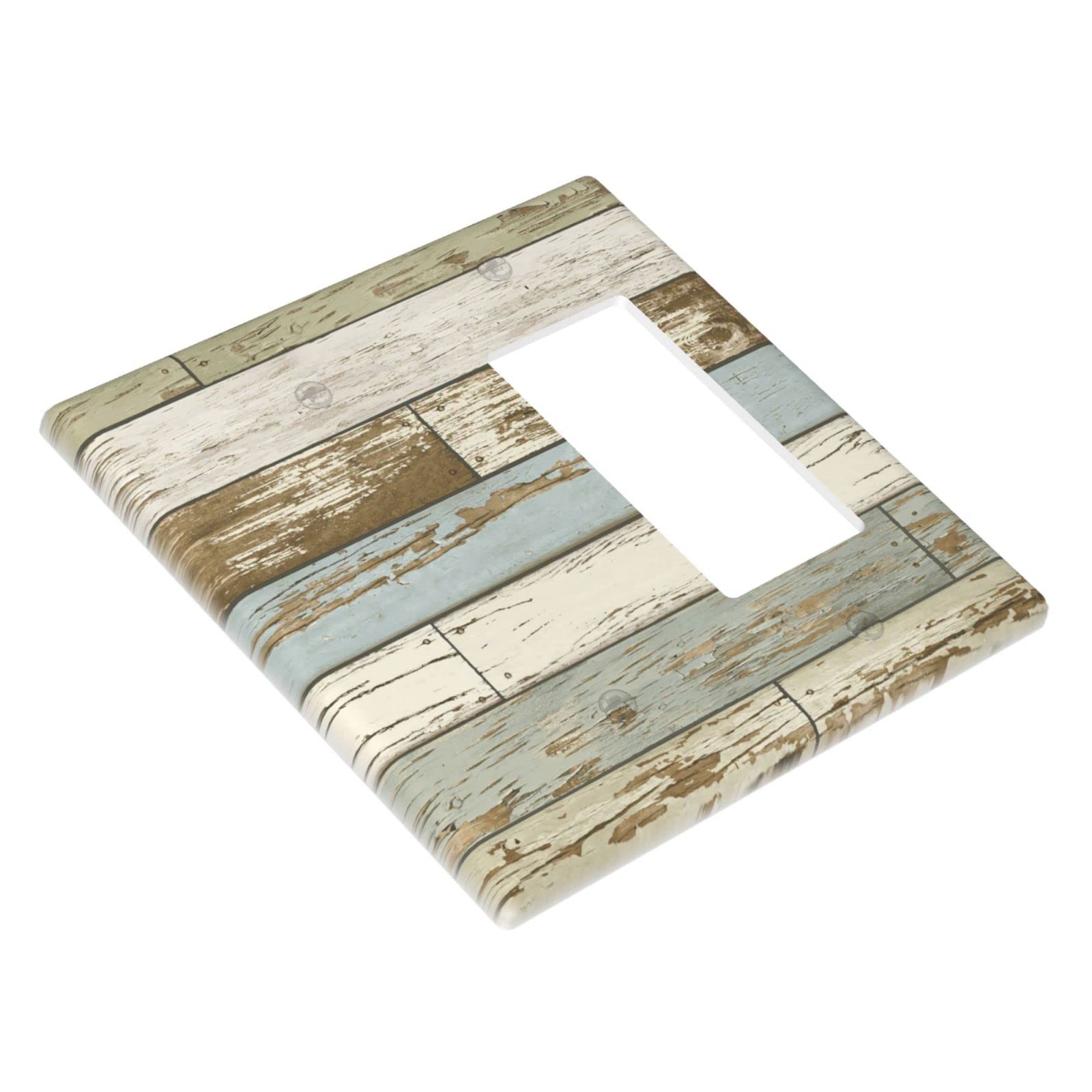 Farmhouse Style 2 Gang 1 Blank 1 Rocker Switch Plate Cover - Standard Size 4.5 x 4.5 Inch - Rustic Wood Print Outlet Cover - Perfect for Living Room, Bedroom & Home Decor