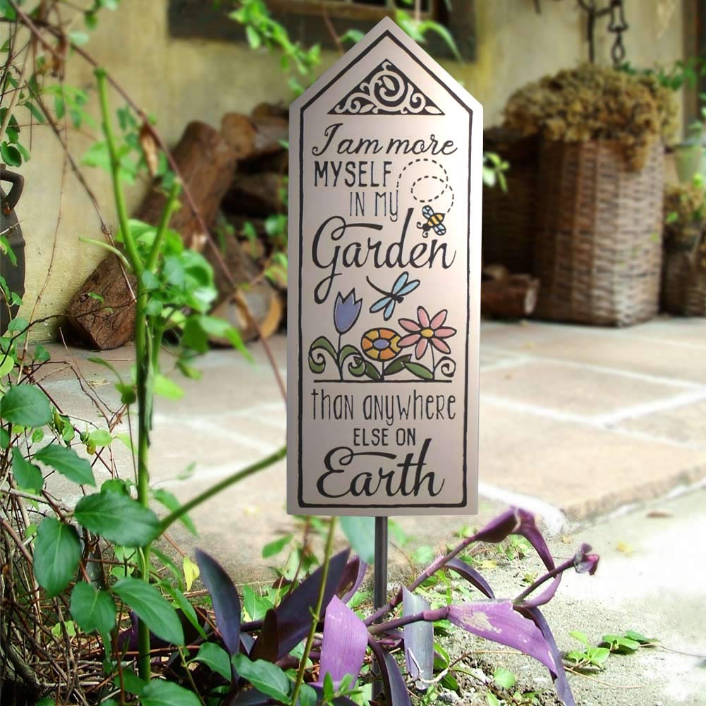 Ceramic Art Tile Garden Stake with 'I'm More Myself in My Garden' Quote, American Made, Perfect for Outdoor Decor and Garden Inspiration