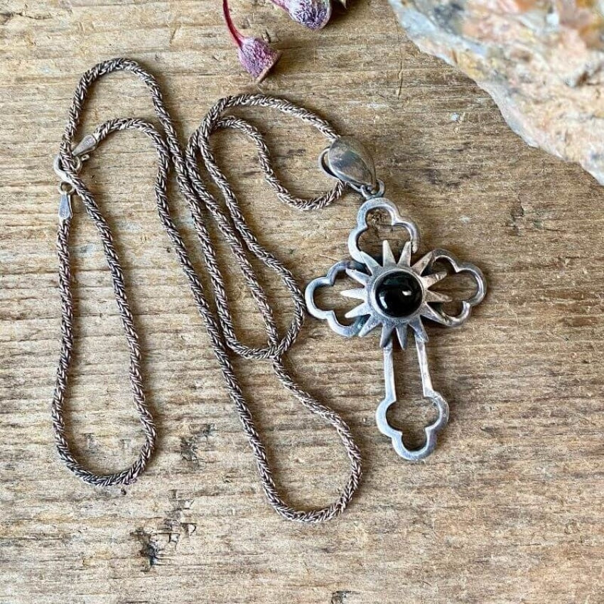 Vintage Holy Cross Necklace with Black Onyx - Sterling Silver Religious Jewelry for Women & Men - Perfect for Church, Gifts & Everyday Wear