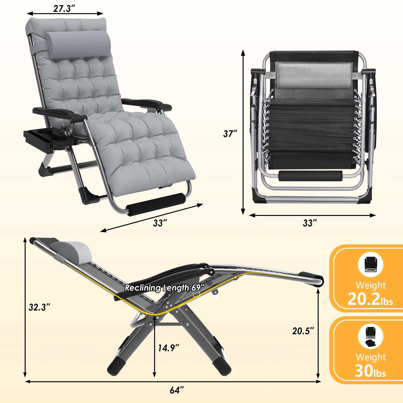 Slendor XXL Oversized Zero Gravity Lounge Chair - 33In Padded Folding Recliner with Aluminum Alloy Lock, Headrest & Cup Holder - 500lbs Weight Capacity - Perfect for Patio, Lawn, Backyard & Poolside Relaxation (Grey)