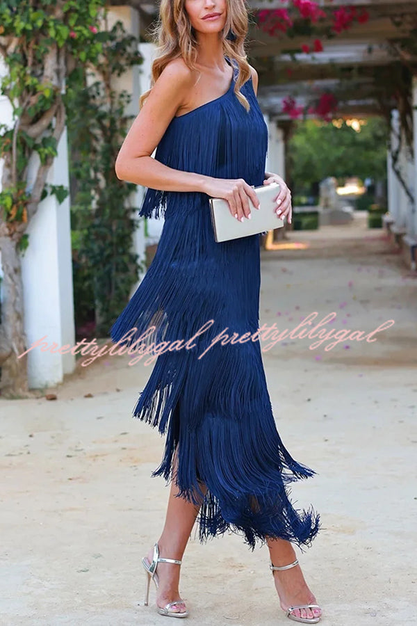 Elegant Fringed One Shoulder Asymmetric Midi Dress for Women - Boho Chic Party, Cocktail & Evening Wear - Perfect for Weddings, Date Nights & Special Occasions
