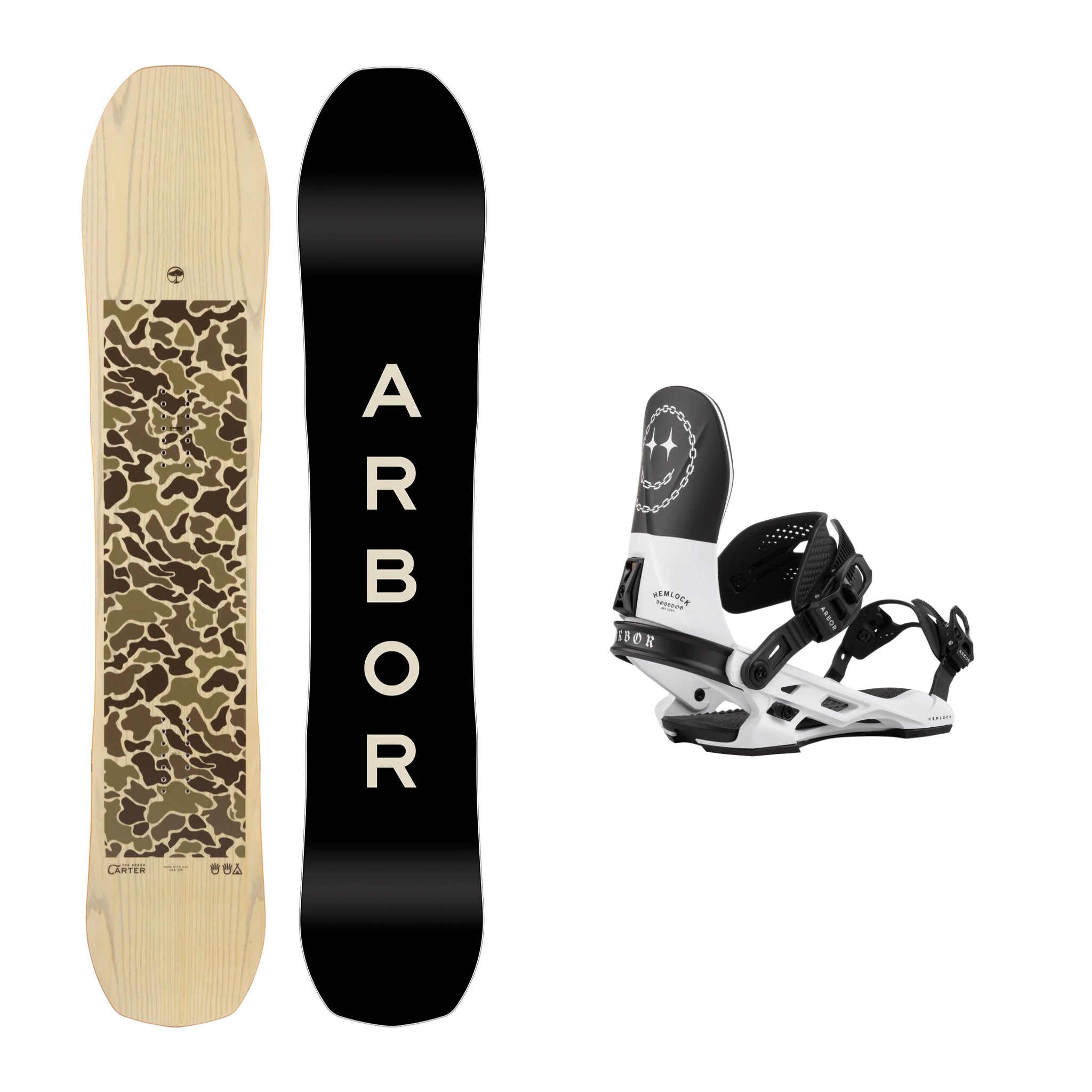 2025 Arbor Carter Snowboard with Arbor Hemlock Boss Dog Bindings - All-Mountain Freestyle Snowboard for Men & Women | Perfect for Powder, Park & Backcountry Riding