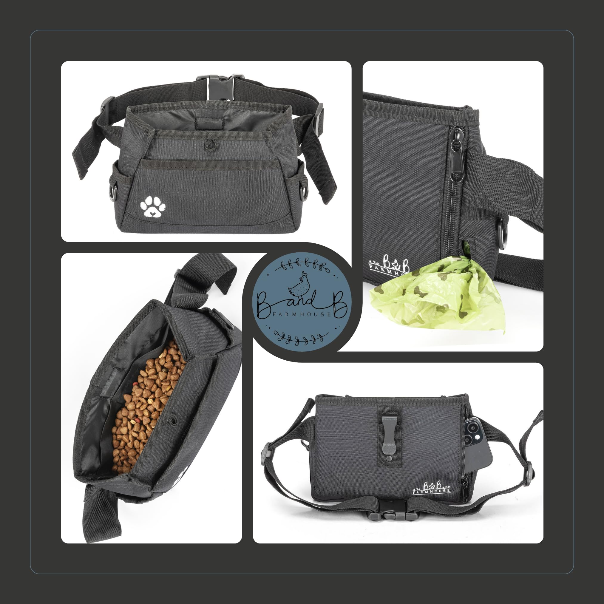 Premium B&B Farmhouse Dog Treat Pouches - Customizable Pet Training Treat Bag for Dog Walking & Obedience Training - Fanny Pack with Belt Clip for Hands-Free Use - Perfect for Dog Parks, Hiking & Outdoor Adventures