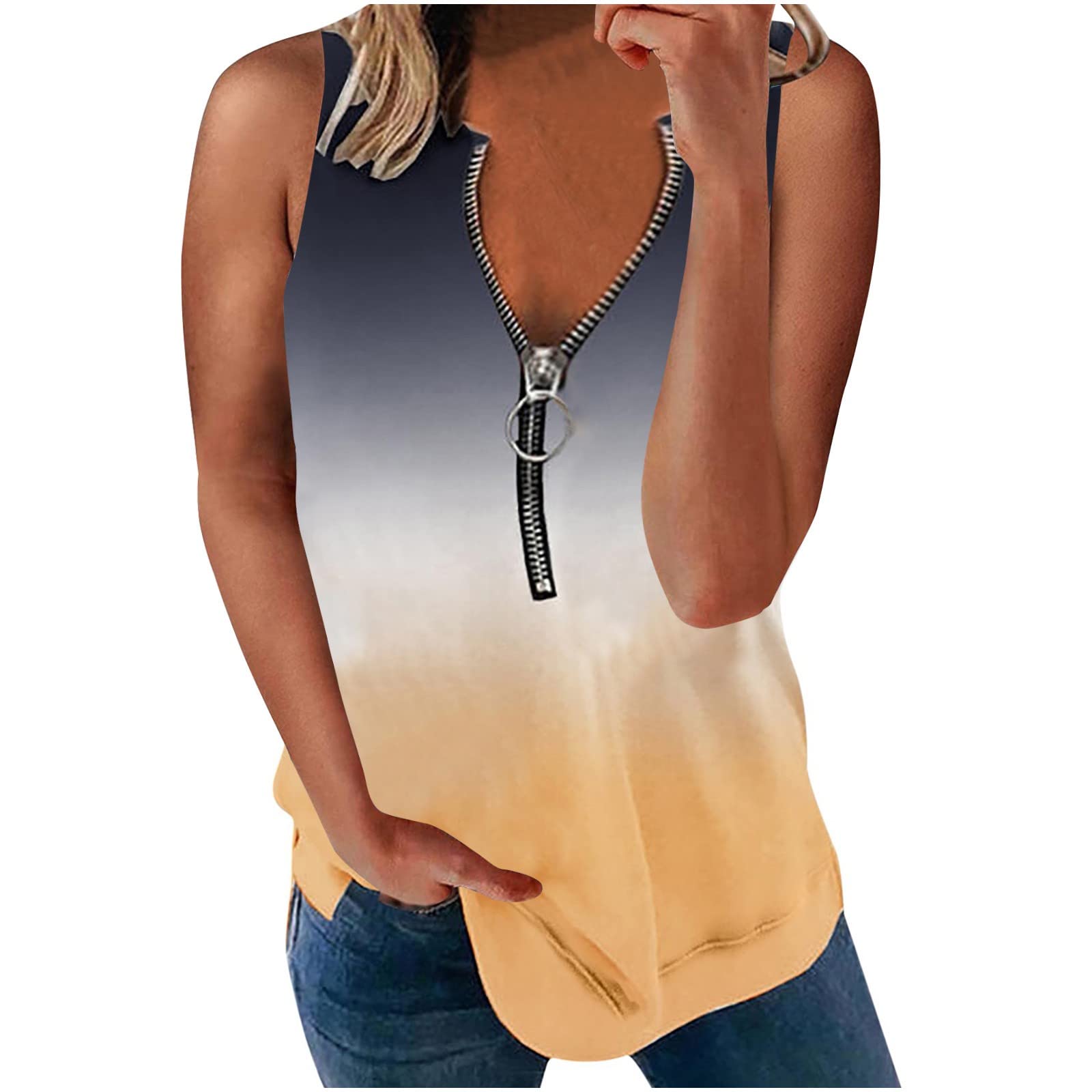 Plus Size Women's Summer Sleeveless V-Neck T-Shirt - Gradient Print Casual Blouse & Tank Top for Beach, Vacation, and Everyday Wear