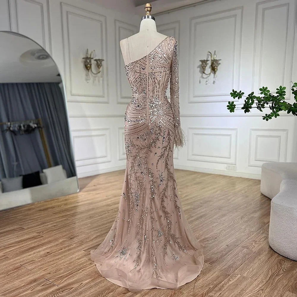 Luxury One Shoulder Beaded Feather Mermaid Evening Dress for Women - Elegant Dubai Nude Gown with High Slit, Perfect for Parties, Prom, and Formal Events - LA72353