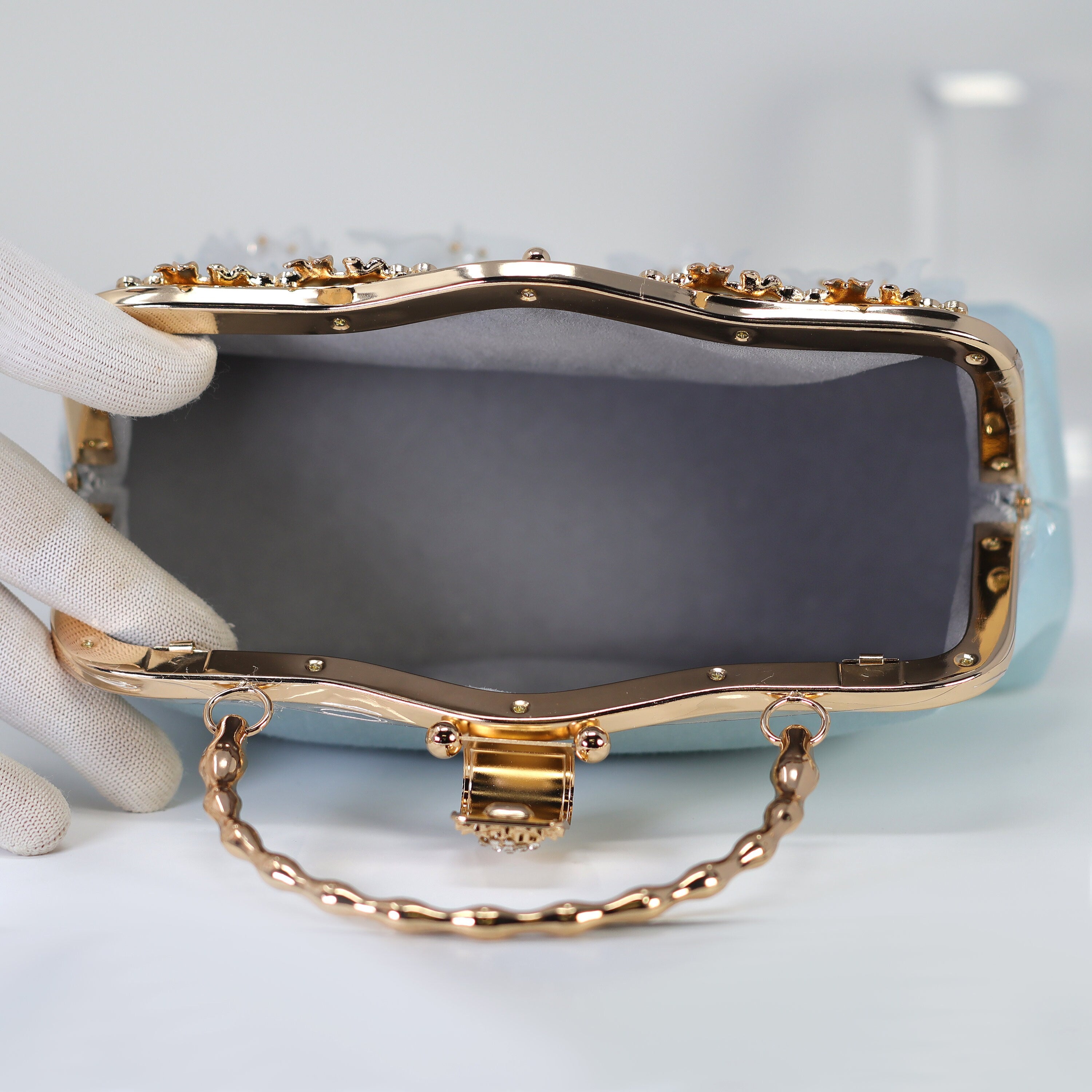 Elegant White Floral Gold Embroidered Wedding Clutch Bag - Rhinestone Evening Purse & Crossbody Bridal Accessory for Something Blue, Reception & Formal Events