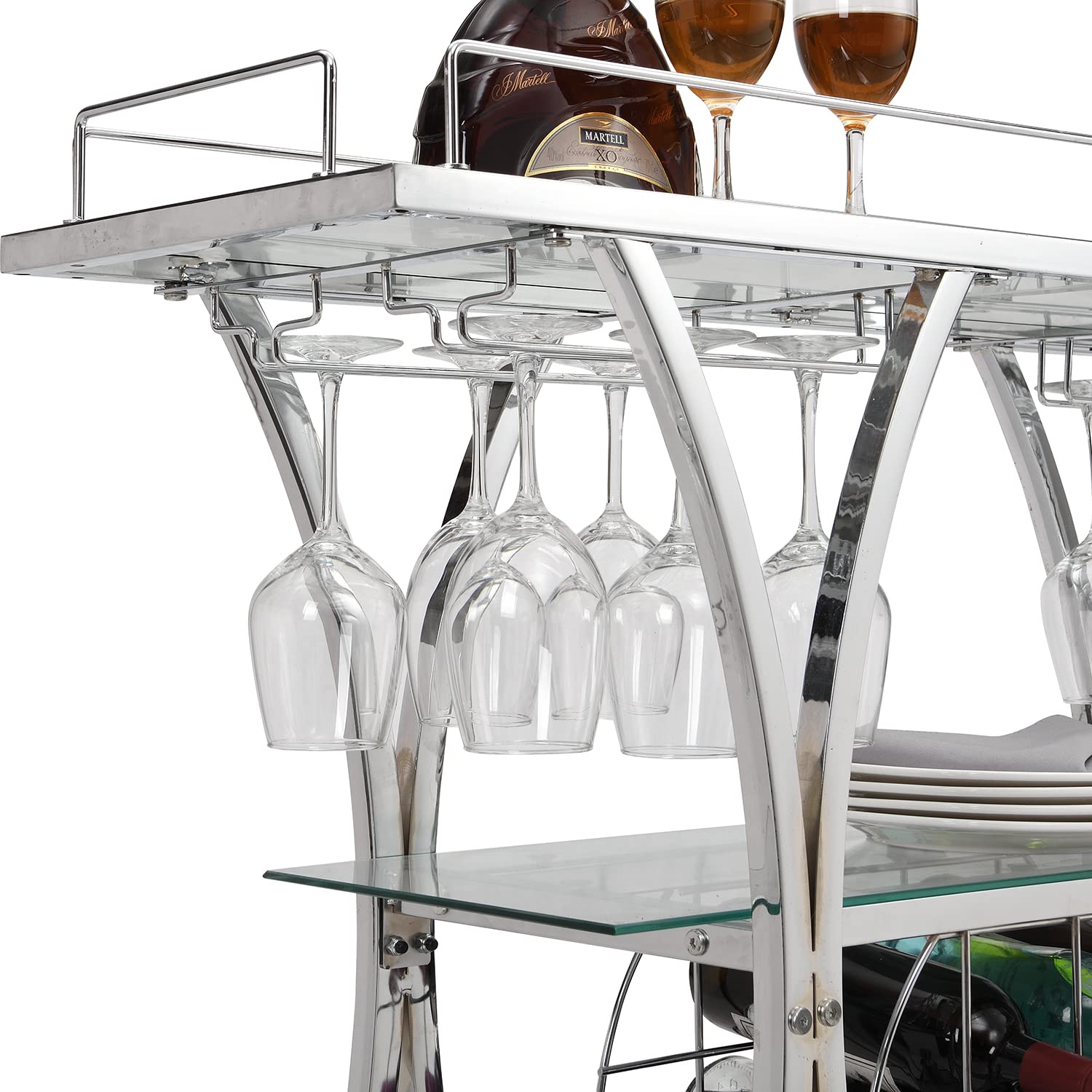 Yoluckea 3-Tier Glass Bar Cart with Wine Rack & Glass Holder - Tempered Glass Shelves, Lockable Wheels - Perfect for Home Bar, Kitchen Storage & Entertaining Guests