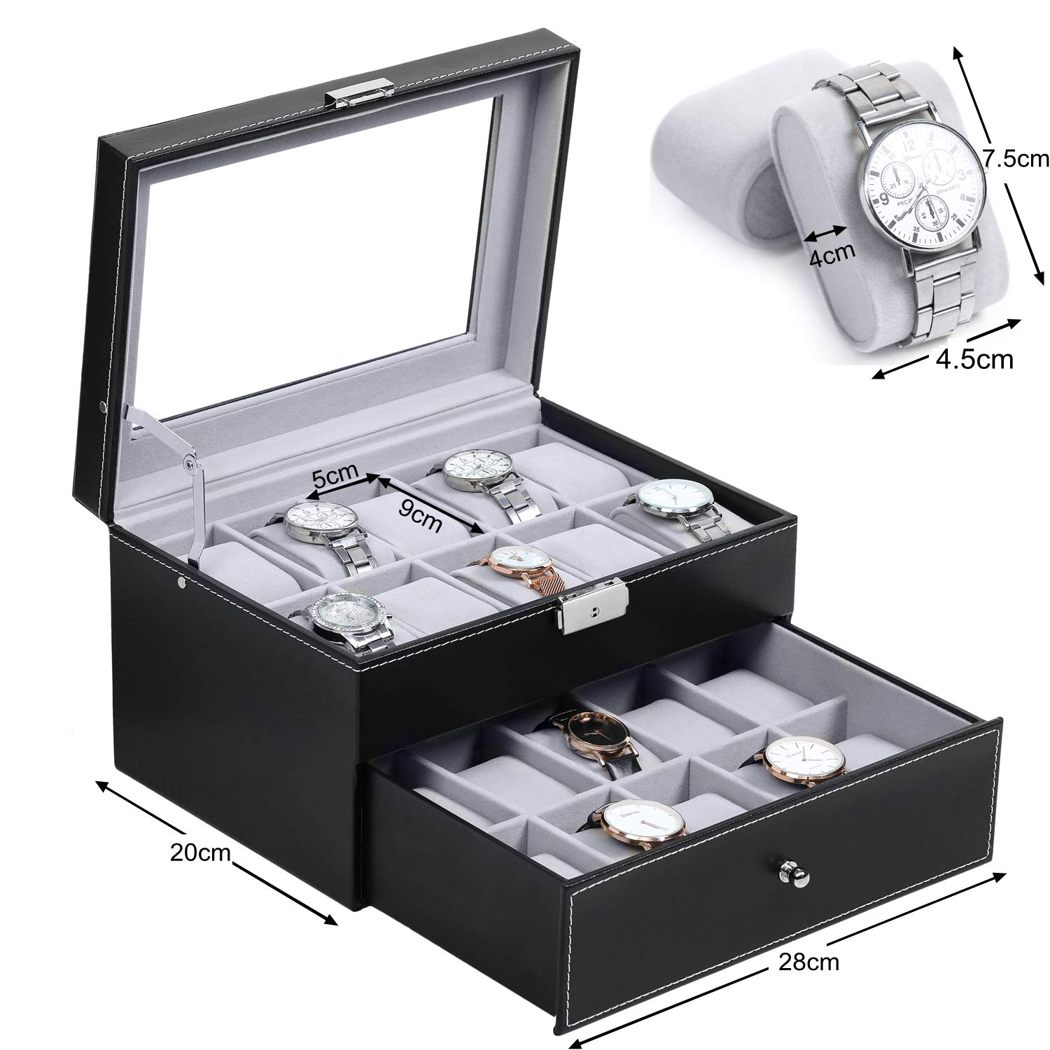 Premium 20-Slot Watch Box for Men - PU Leather Watch Display Case with Large Glass Top - Luxury Watch & Jewelry Organizer - Perfect for Travel, Gifts & Home Storage