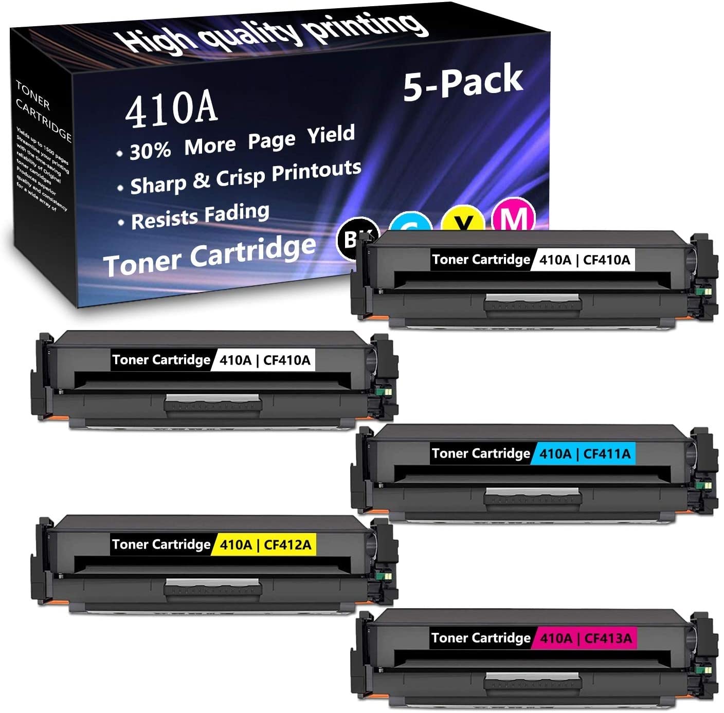 5-Pack (2BK+1C+1M+1Y) 410A CF410A CF411A CF412A CF413A Compatible Toner Cartridges Replacement for HP Color Pro M7FP M477fdn M477fdw M477fnw M452dn M452dw M452nw MFP M377dw Printers - High-Quality Printing for Office & Home Use