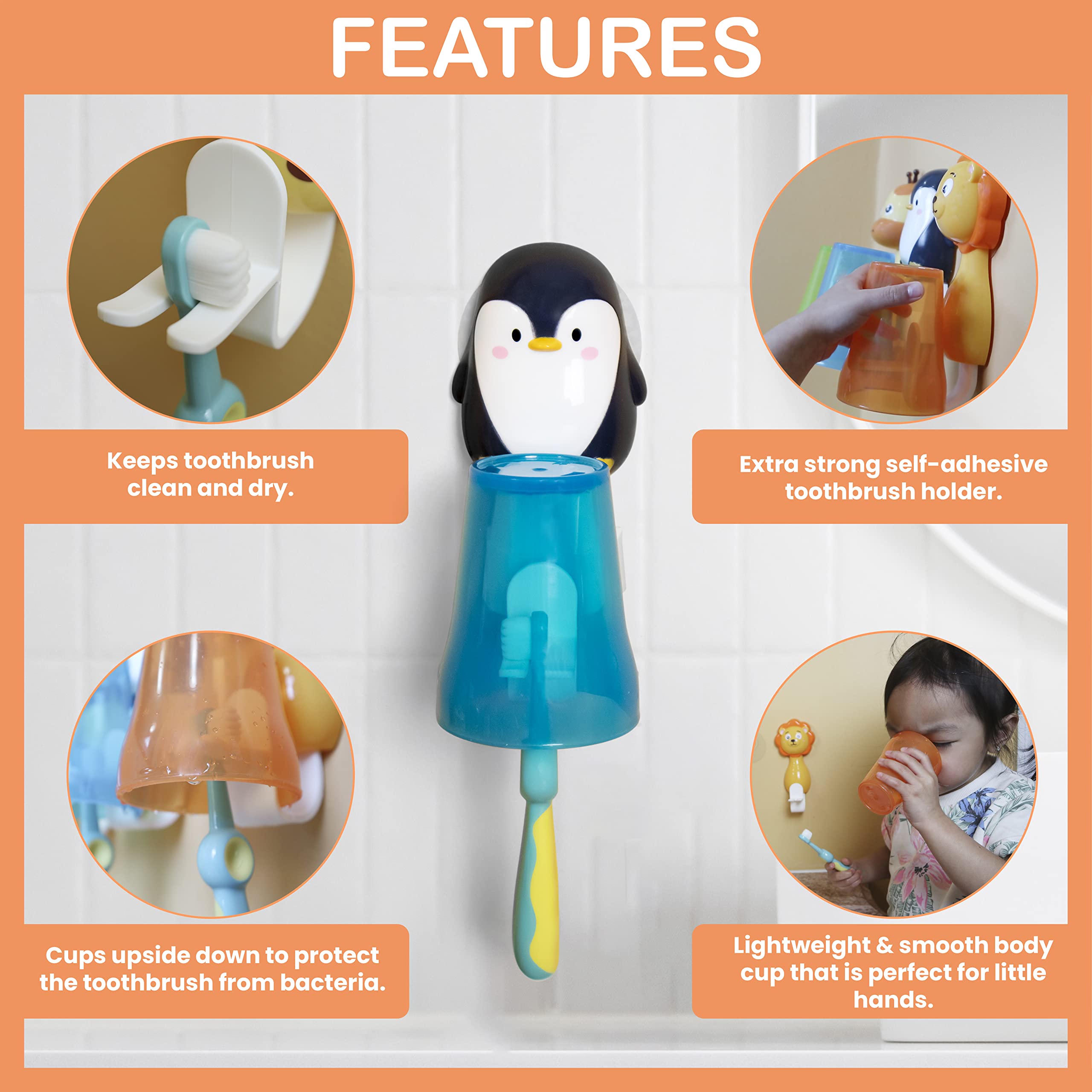 Penguin-Shaped Kids Toothbrush Holder Wall Mounted - Ultra Soft Bristle Toothbrush for Children | Hanging Bathroom Organizer for Brushing Teeth - Perfect for Kids' Bathrooms, Preschools & Daycare Centers