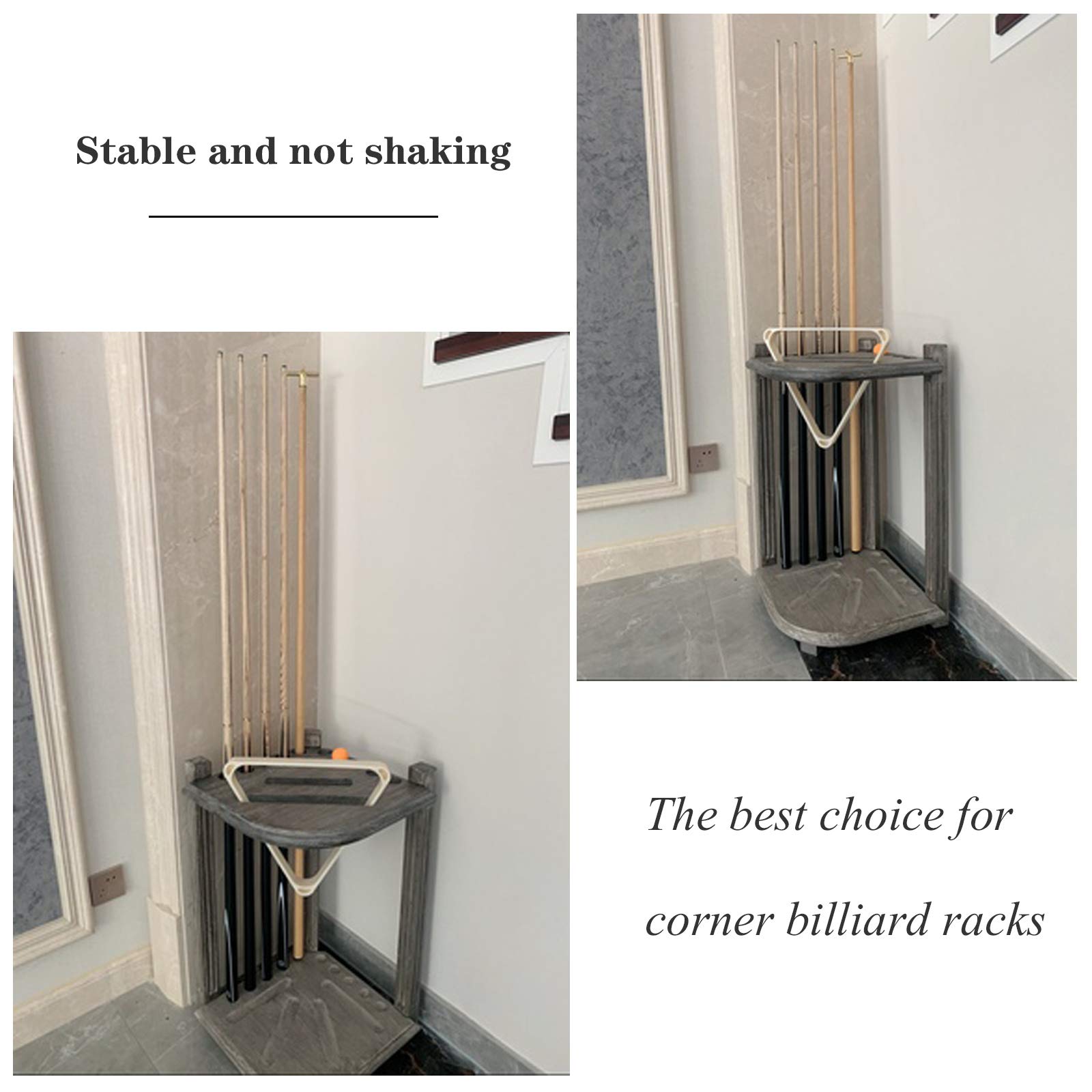 **AILILI Solid Wood Pool Cue Rack - 27x15x15in Billiard Stick Stand, Retro Style Silver Grey Finish, Holds 10 Cues - Corner Floor Cue Holder for Pool Bars, Clubs & Game Rooms**
