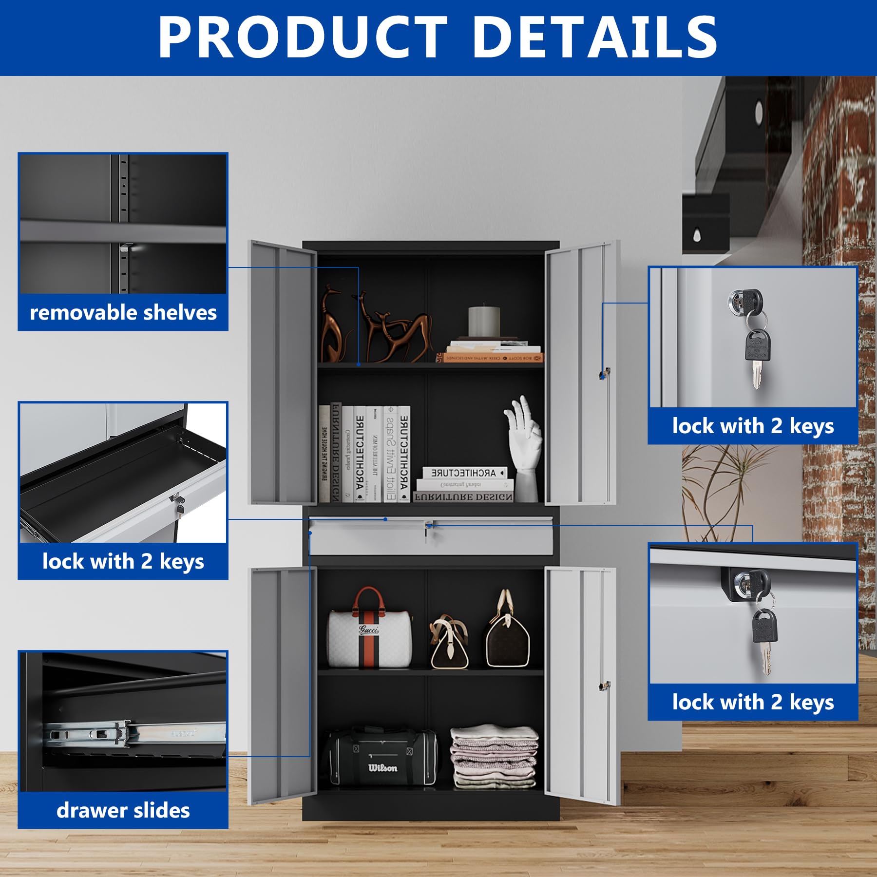 Heavy-Duty Metal Storage Cabinet with Lock & Adjustable Shelves - Steel Garage Tool Cabinet with 1 Drawer & Casters for Home, Workshop & Garage Organization (Black Gray, 71