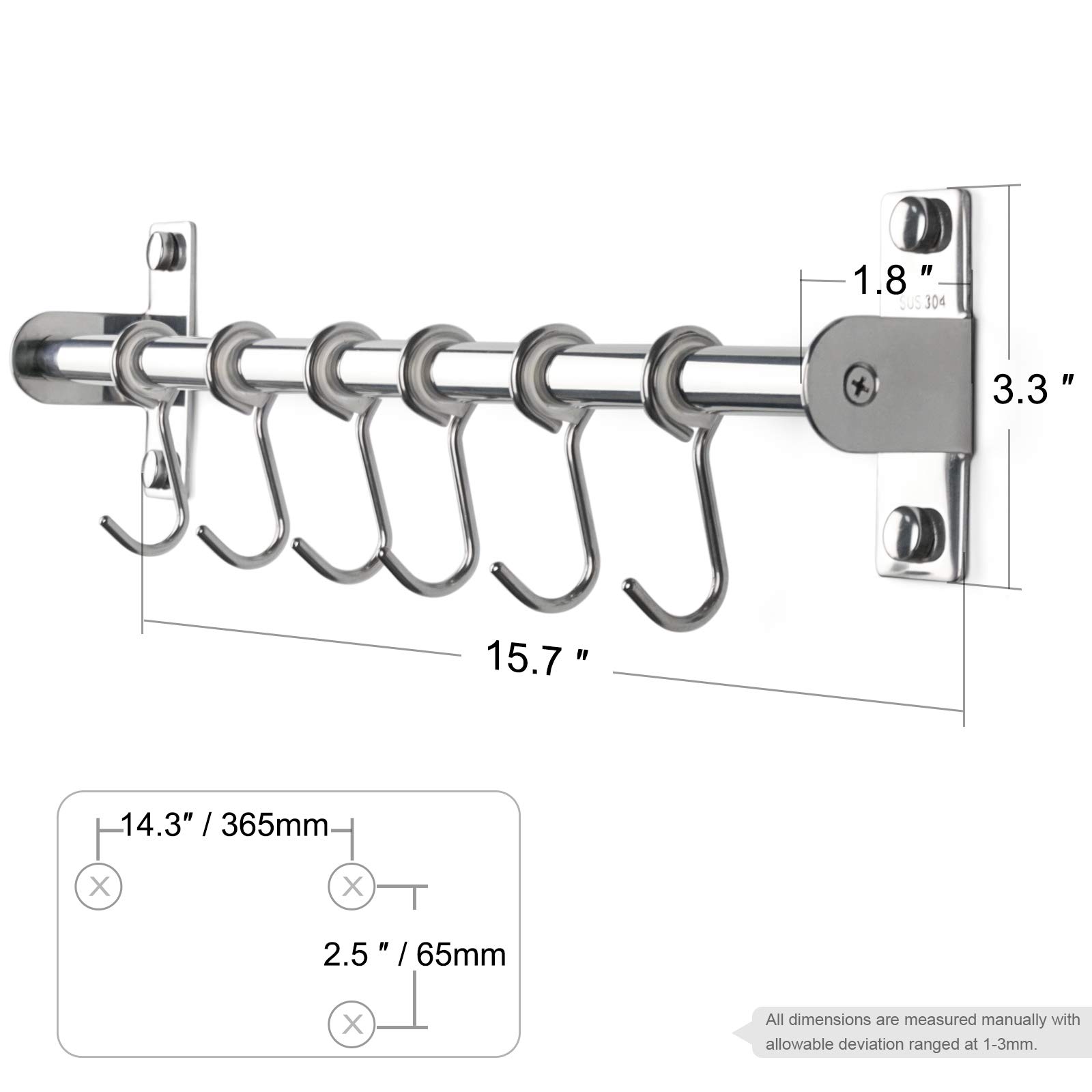 Stainless Steel Wall Mounted Kitchen Rail with 6 Hooks - Utensil Holder & Pot Lid Rack for Kitchen Tools, Towels, Pans, Spoons - Polished Finish for Modern Kitchen Organization & Storage
