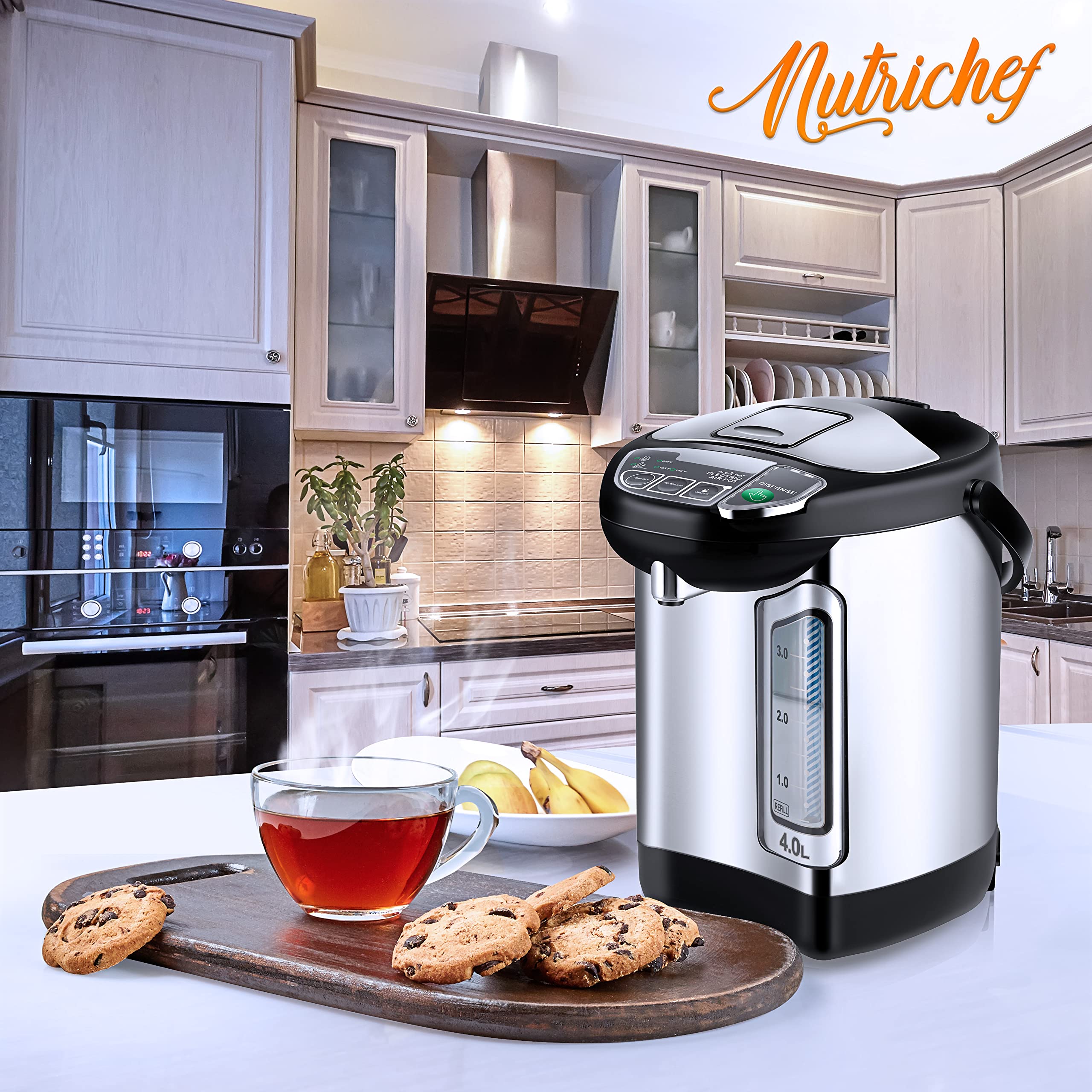 NutriChef 4L/4.2Qt Stainless Steel Electric Water Boiler & Warmer with Rotating Base, Auto Shut Off & Safety Lock - Fast Heating for Coffee, Tea, Instant Noodles & Baby Formula - Perfect for Home, Office & Dorm Use (NCHUB24)