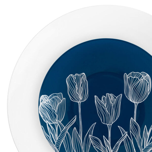 32-Piece Navy & White Tulip Round Plastic Dinnerware Set - BPA-Free, Shatterproof, 16 Place Settings - Perfect for Outdoor Picnics, BBQs, and Party Dining