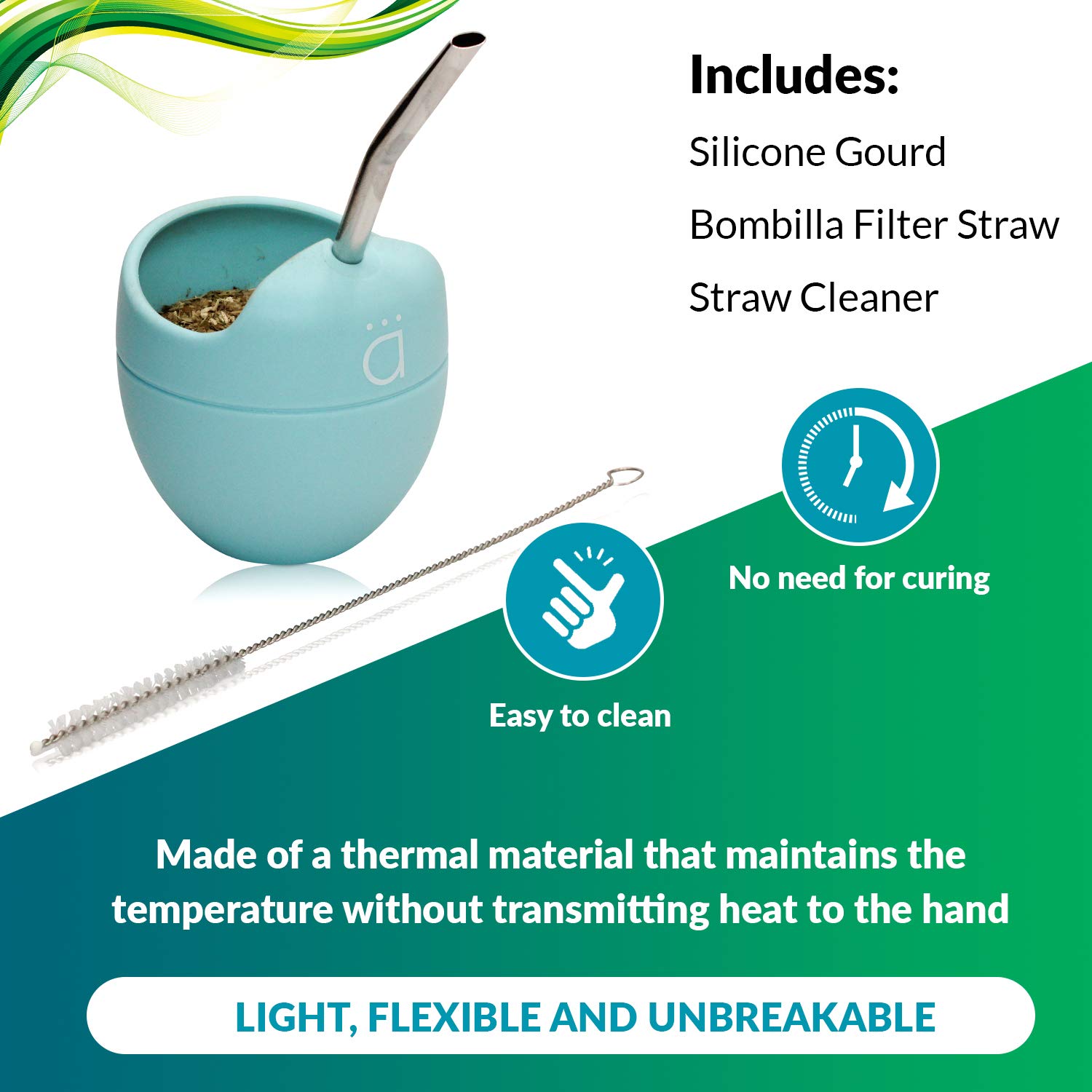 Premium Silicone Yerba Mate Gourd with Bombilla Straw & Cleaning Brush - BPA Free, Travel-Friendly, Easy to Clean (Turquoise) - Perfect for Outdoor Adventures, Camping & Daily Tea Rituals